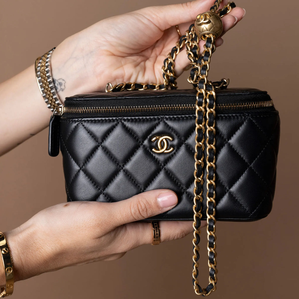 Chanel Small Quilted Lambskin Pearl Crush Vanity Case with Chain — Close-up Detail