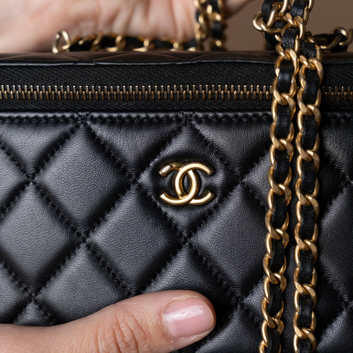 Chanel Small Quilted Lambskin Pearl Crush Vanity Case with Chain — Detail View