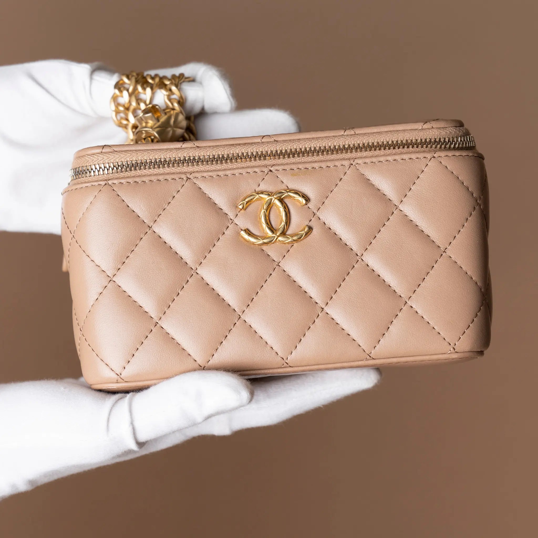 Chanel Small Quilted Lambskin Pillow Crush Vanity Case with Chain — Front View