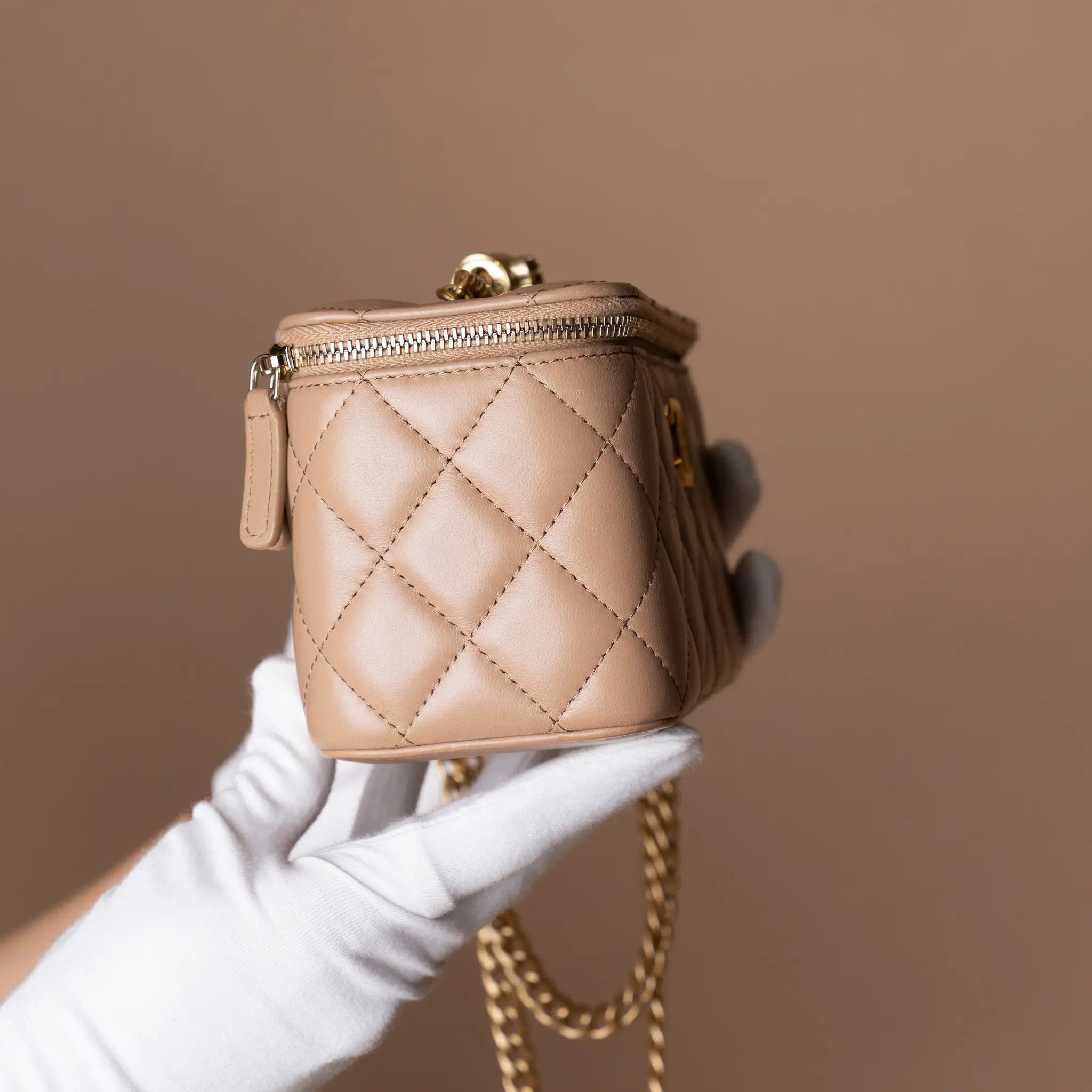 Chanel Small Quilted Lambskin Pillow Crush Vanity Case with Chain — Side Profile