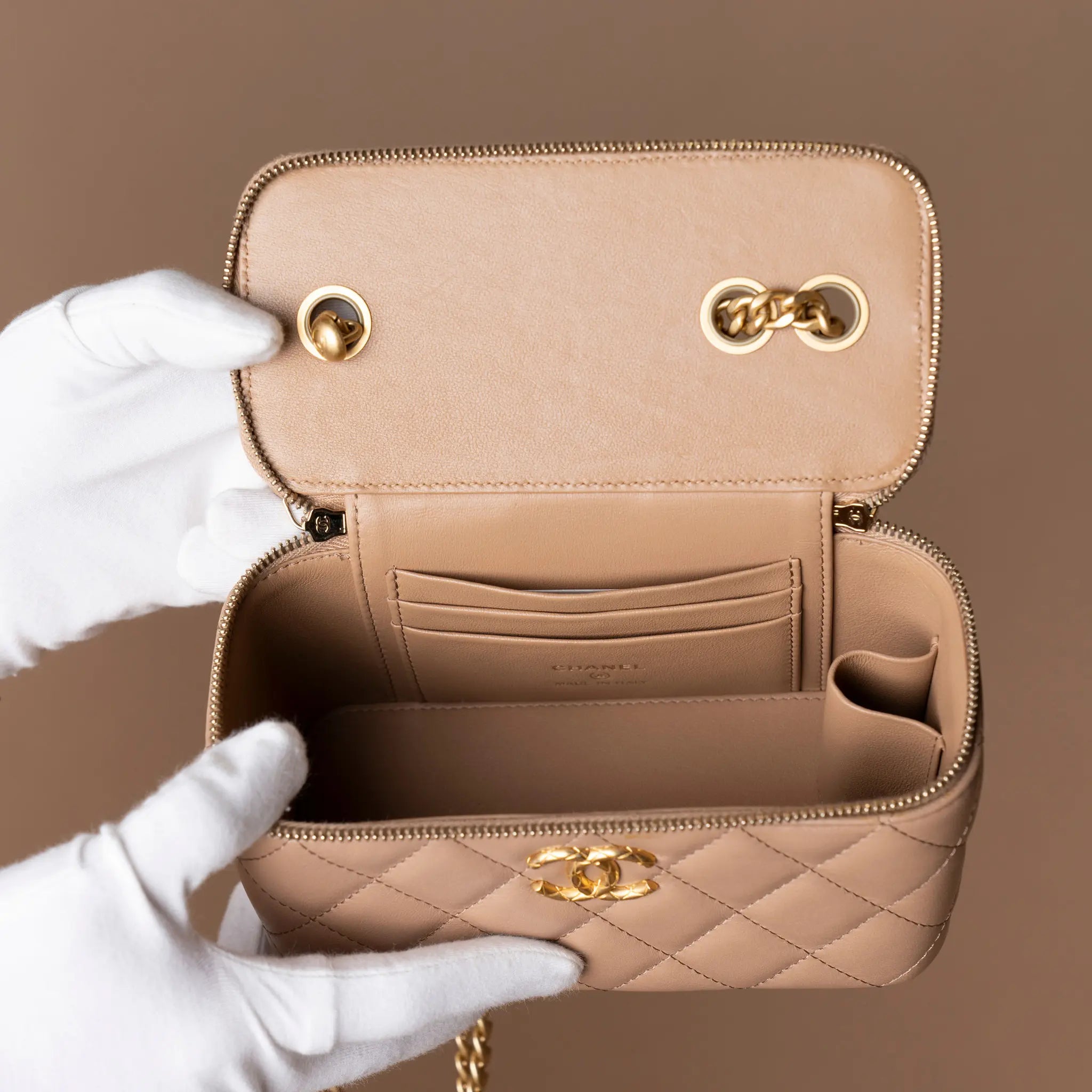 Chanel Small Quilted Lambskin Pillow Crush Vanity Case with Chain — Close-up Detail
