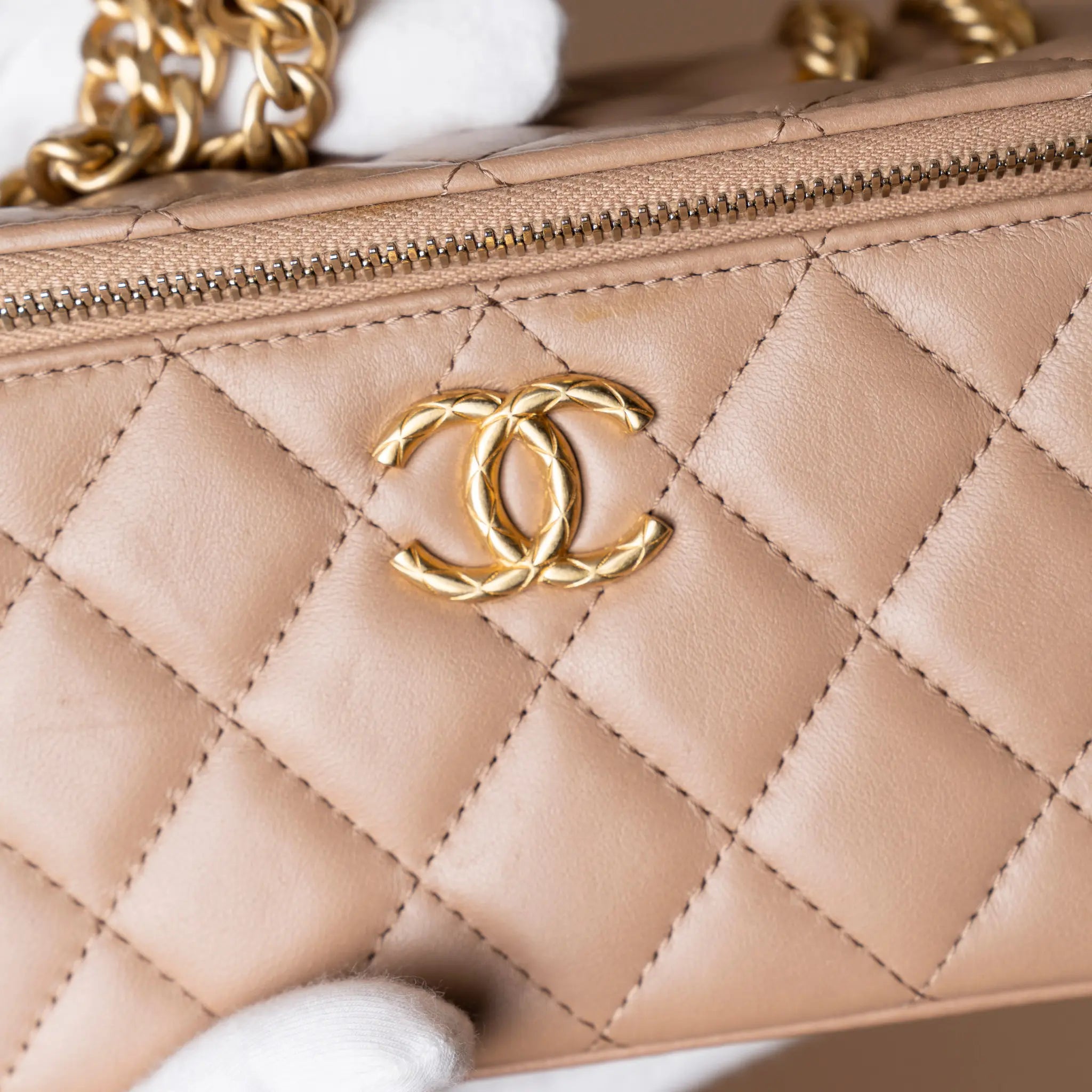 Chanel Small Quilted Lambskin Pillow Crush Vanity Case with Chain — Detail View