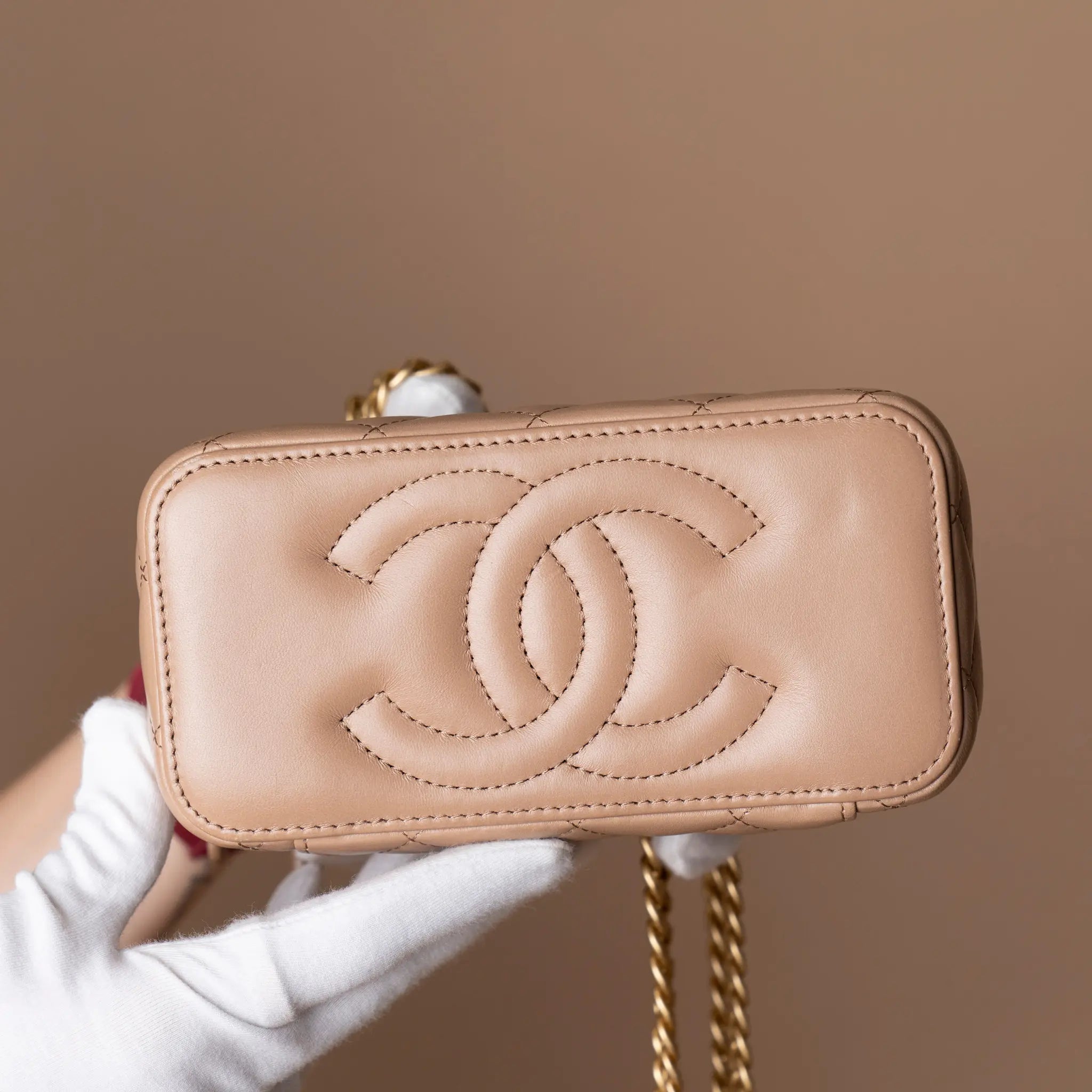 Chanel Small Quilted Lambskin Pillow Crush Vanity Case with Chain — Detail View