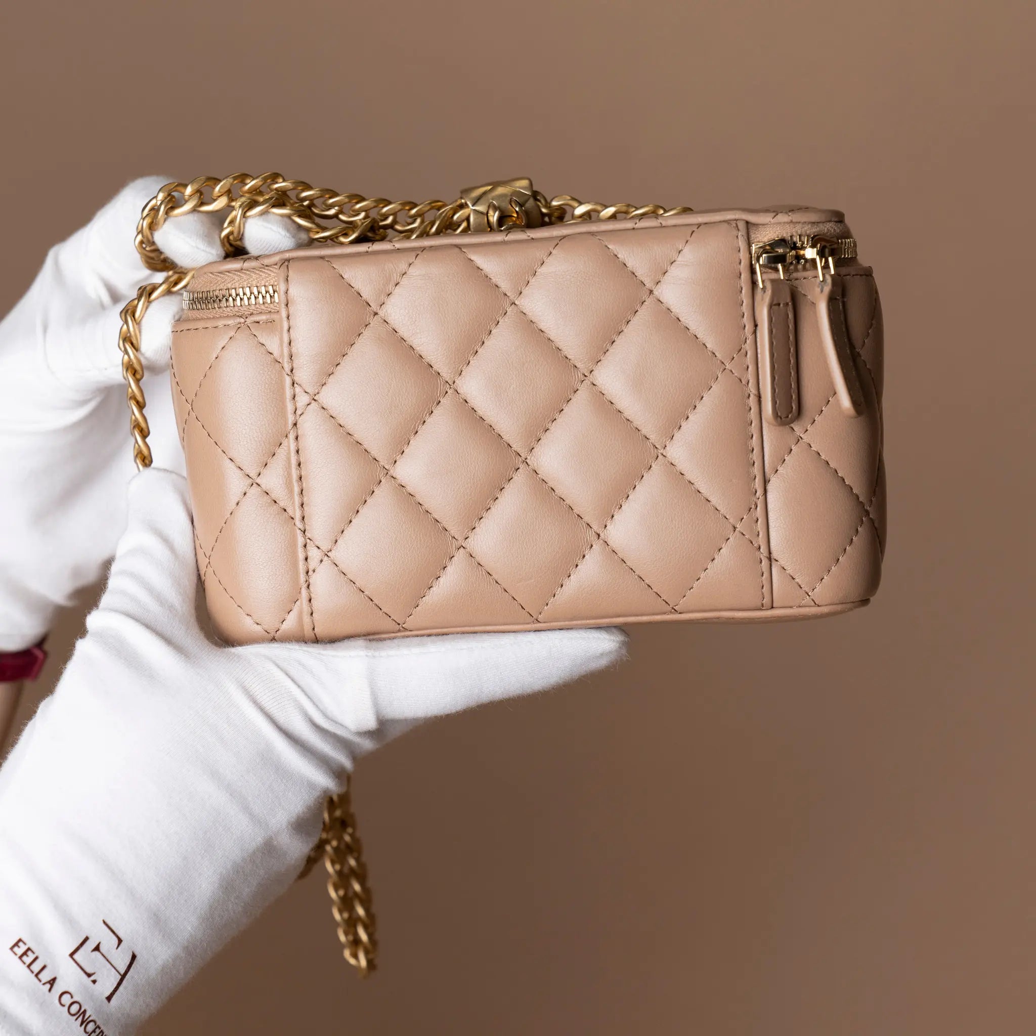 Chanel Small Quilted Lambskin Pillow Crush Vanity Case with Chain — Detail View