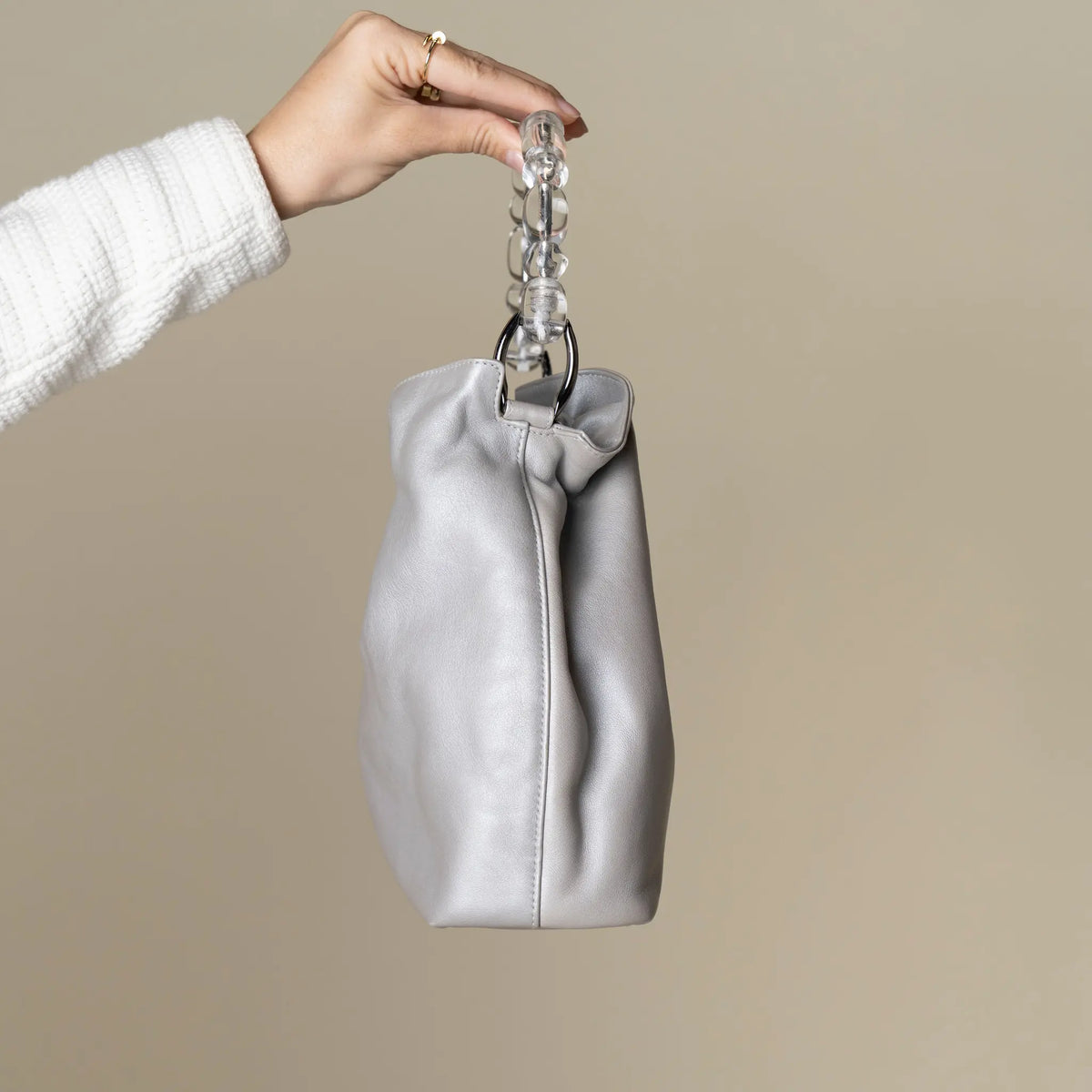 Christian Dior Vintage Metallic Silver Leather Beaded Handle Bag — Interior Detail
