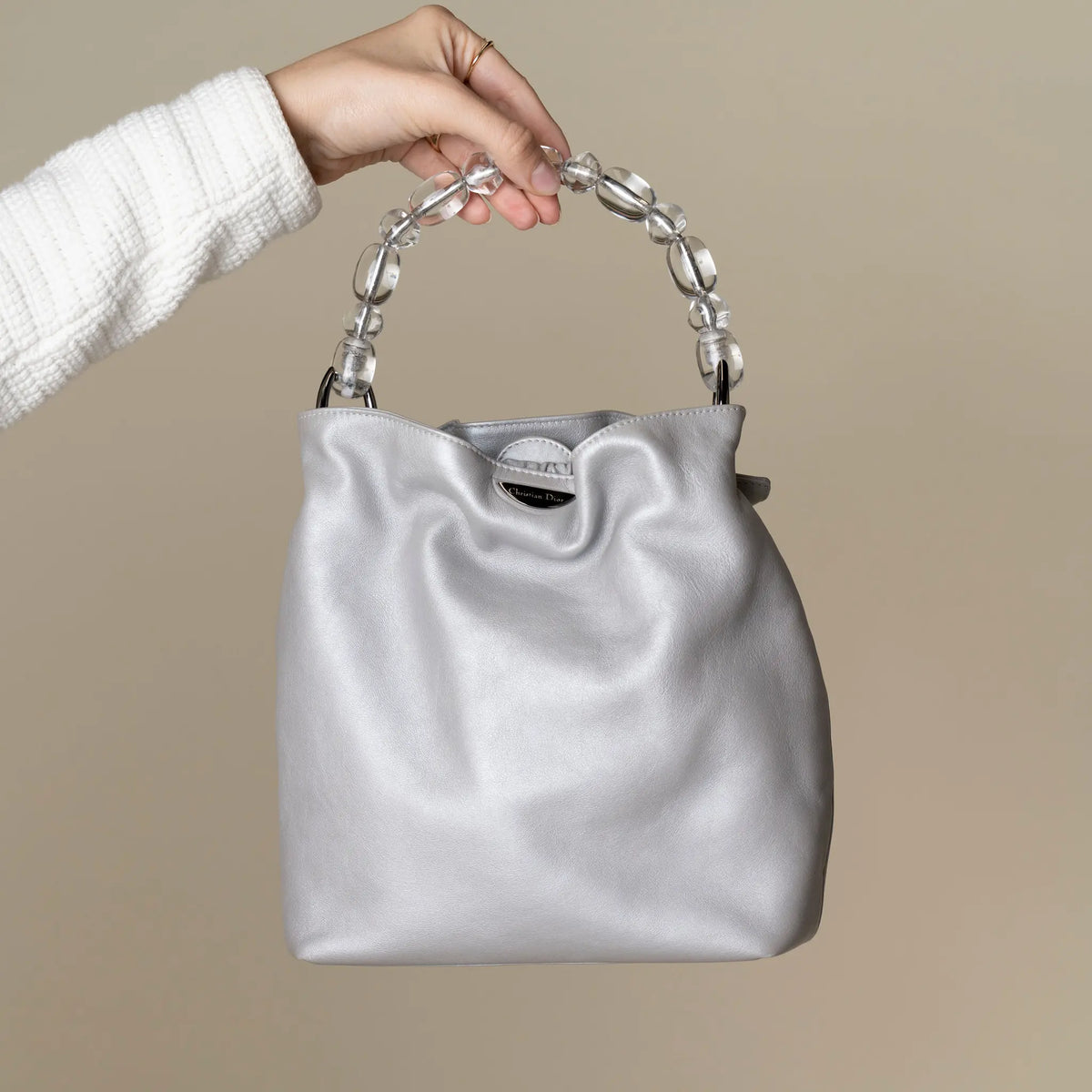 Christian Dior Vintage Metallic Silver Leather Beaded Handle Bag — Detail View