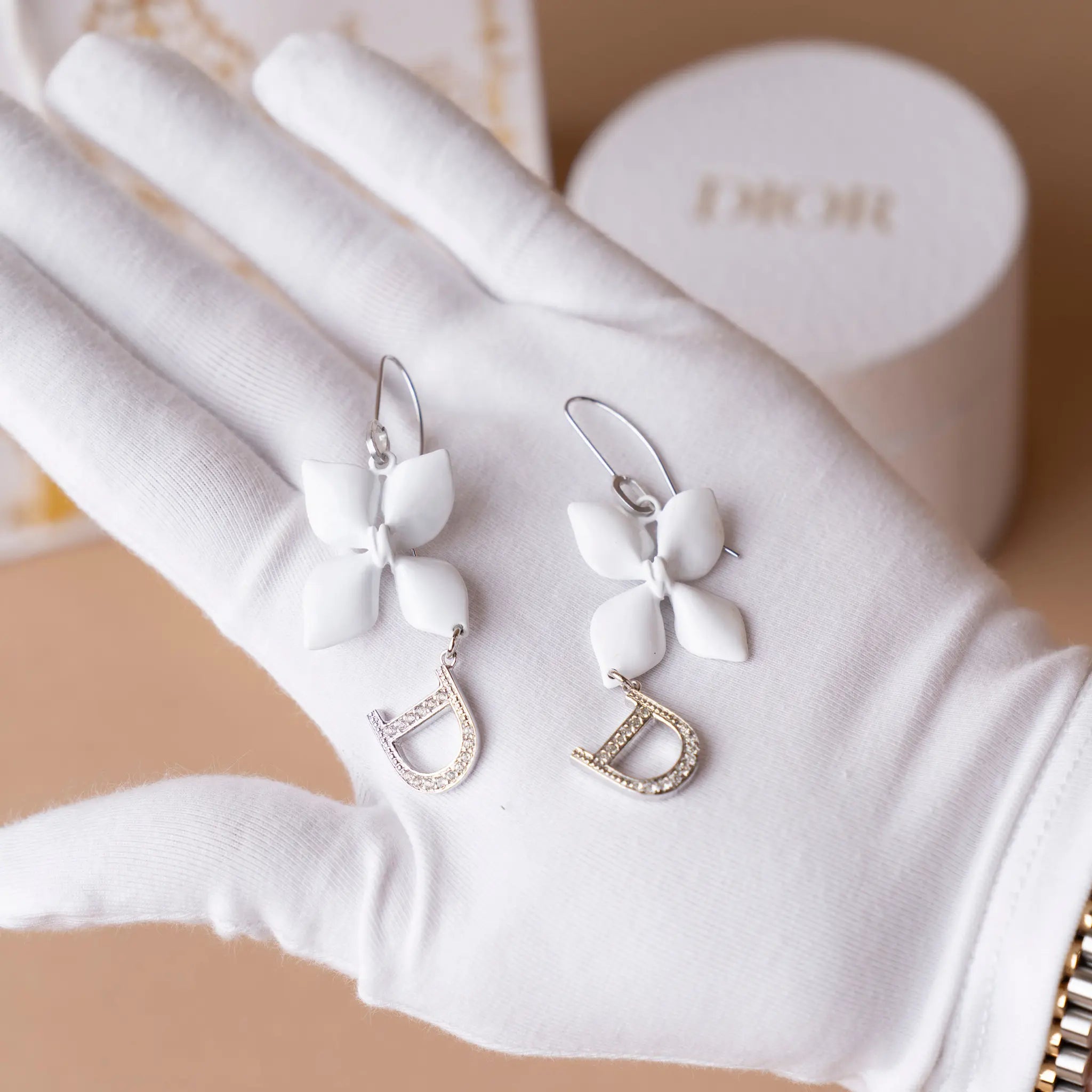 Dior Enamel Rhinestone Flower Logo Drop Hook Earrings