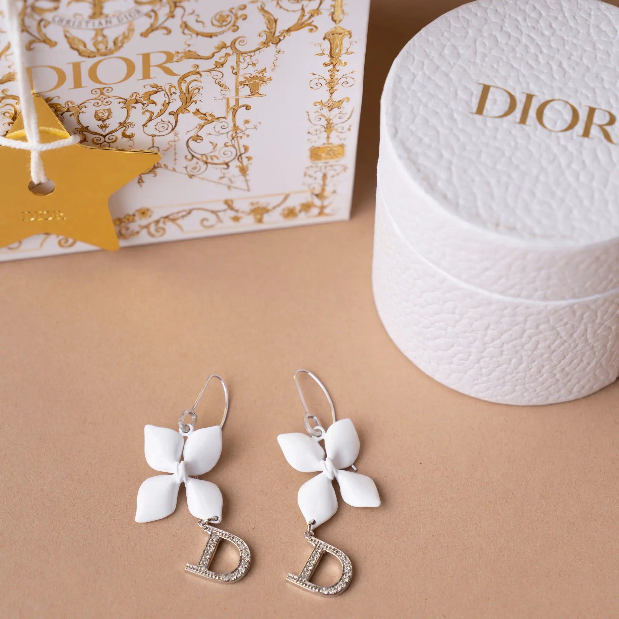 Dior Enamel Rhinestone Flower Logo Drop Hook Earrings