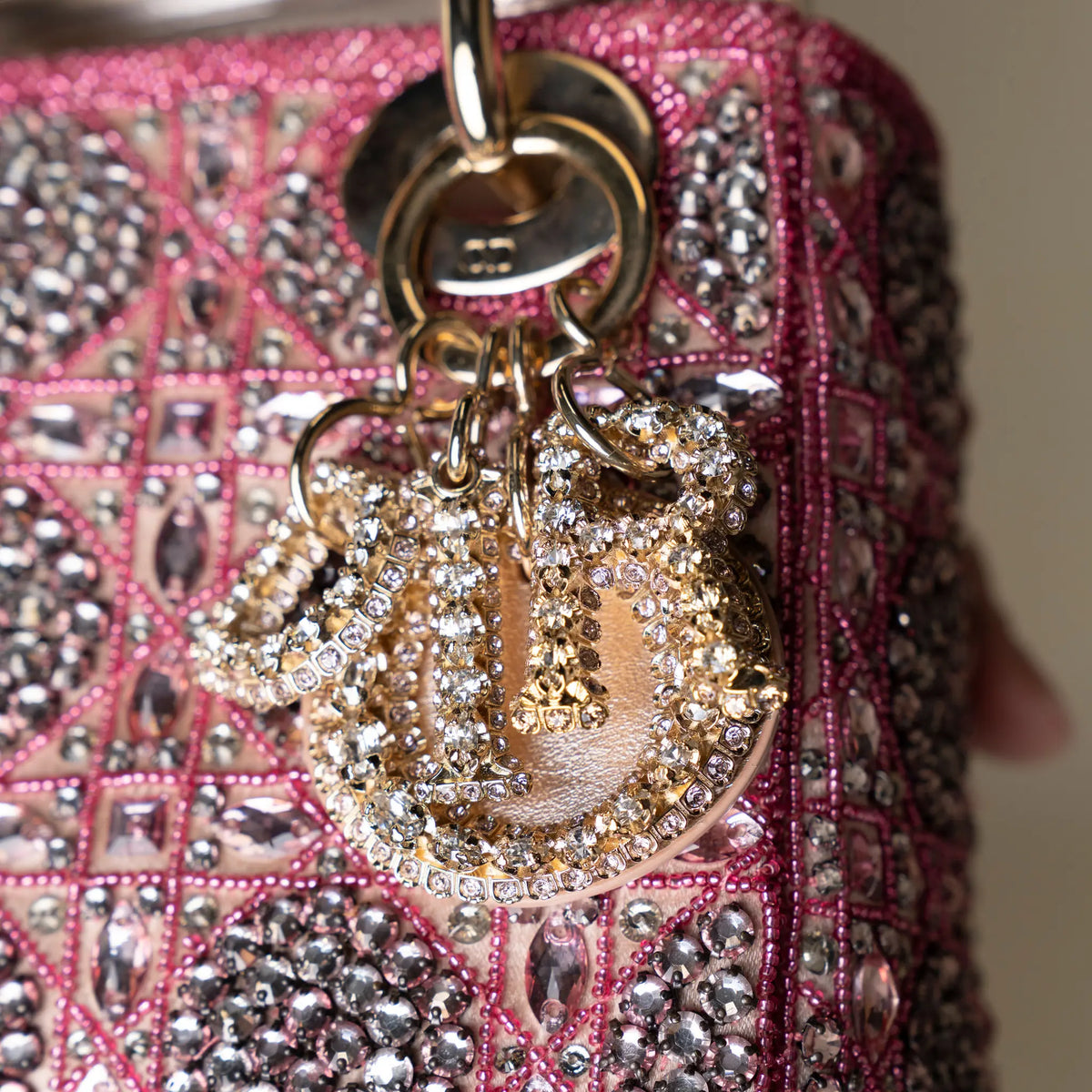 Dior Mini Lady Dior Embroidered with Pink Beads and Silver Tone Strass — Front View