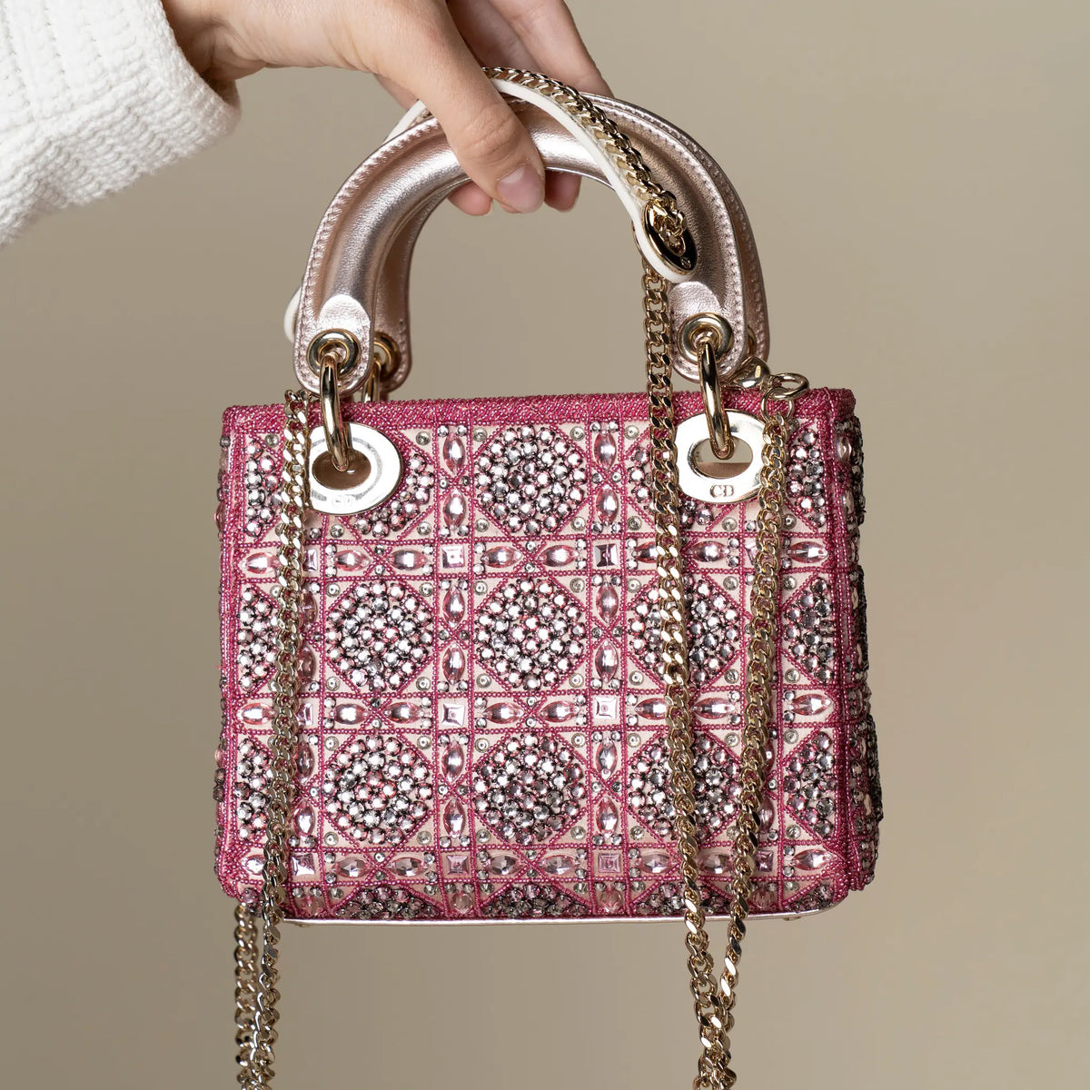 Dior Mini Lady Dior Embroidered with Pink Beads and Silver Tone Strass — Detail View