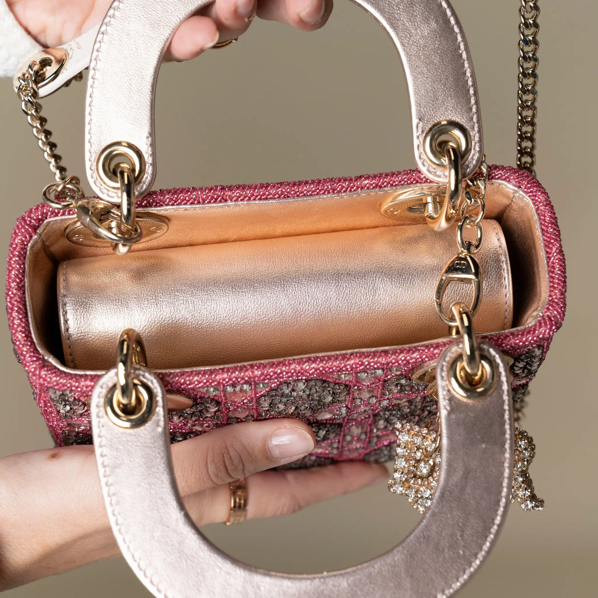 Dior Mini Lady Dior Embroidered with Pink Beads and Silver Tone Strass — Detail View