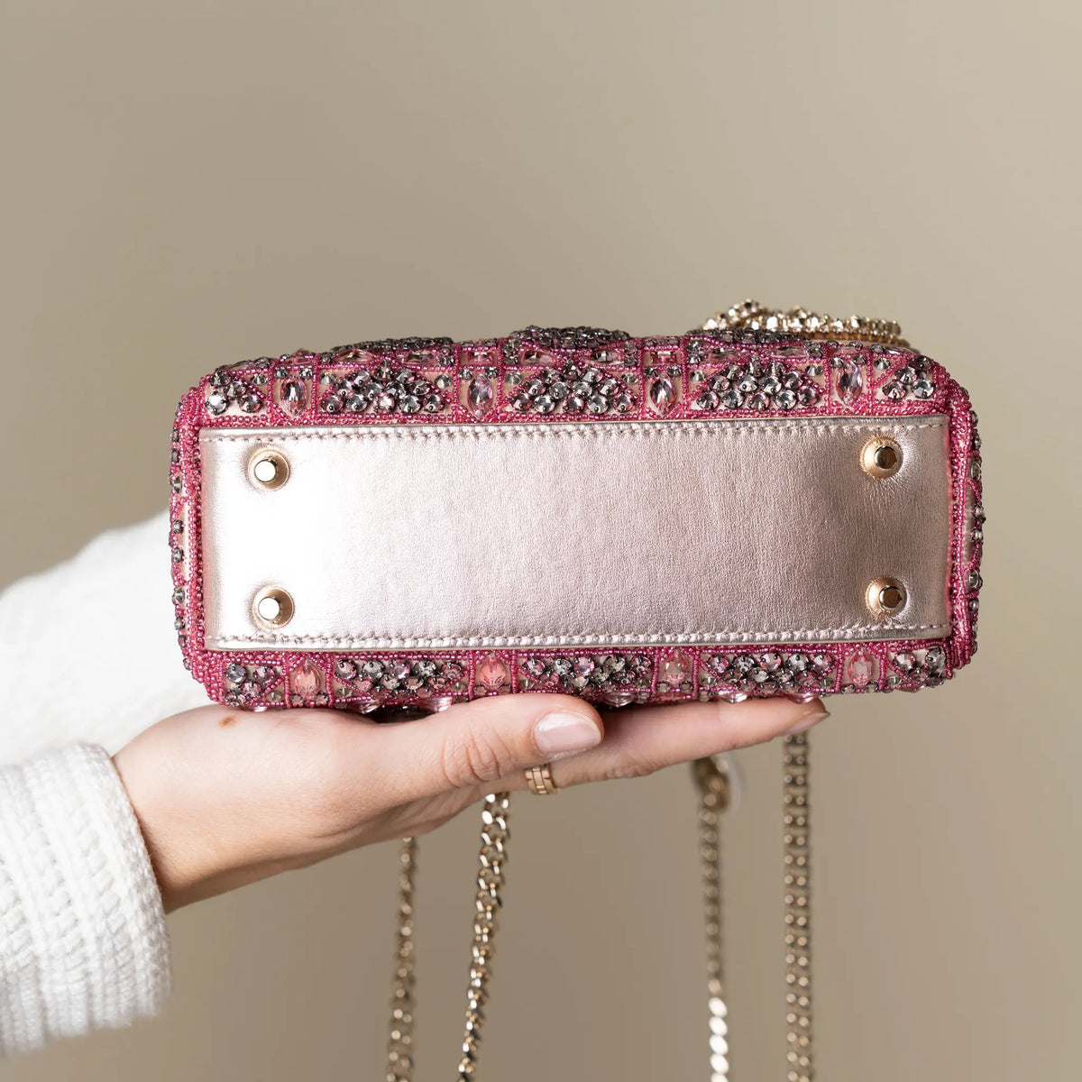 Dior Mini Lady Dior Embroidered with Pink Beads and Silver Tone Strass — Detail View