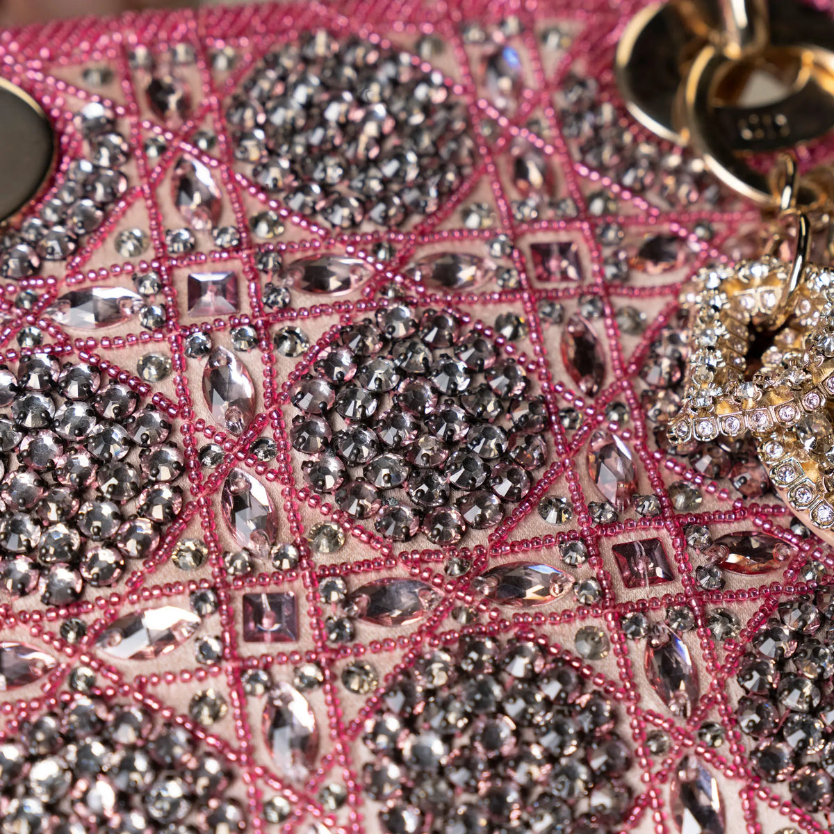 Dior Mini Lady Dior Embroidered with Pink Beads and Silver Tone Strass — Back View