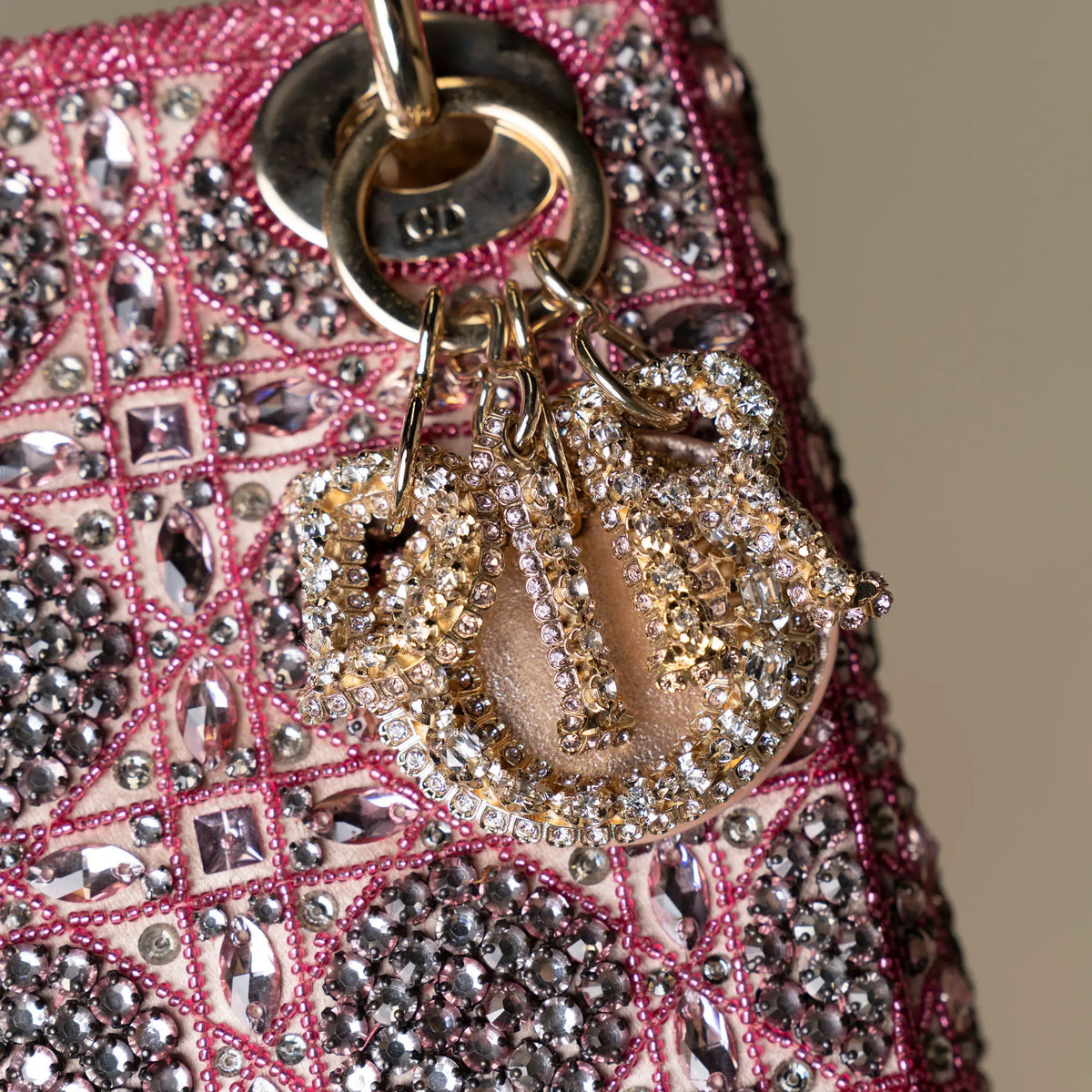Dior Mini Lady Dior Embroidered with Pink Beads and Silver Tone Strass — Detail View