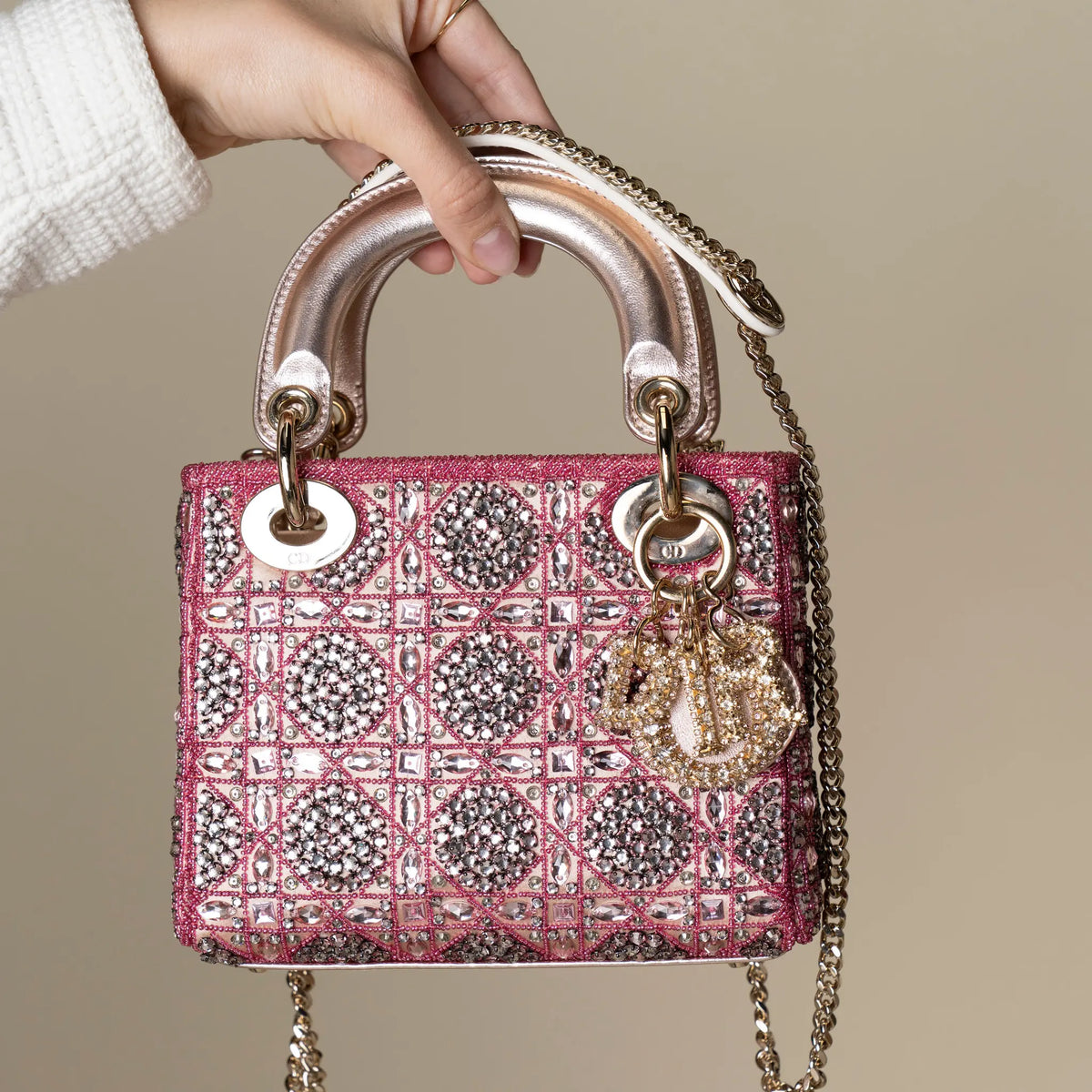 Dior Mini Lady Dior Embroidered with Pink Beads and Silver Tone Strass — Featured Image