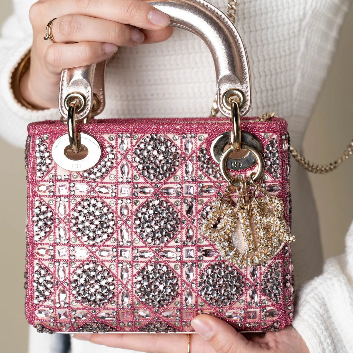 Dior Mini Lady Dior Embroidered with Pink Beads and Silver Tone Strass — Detail View