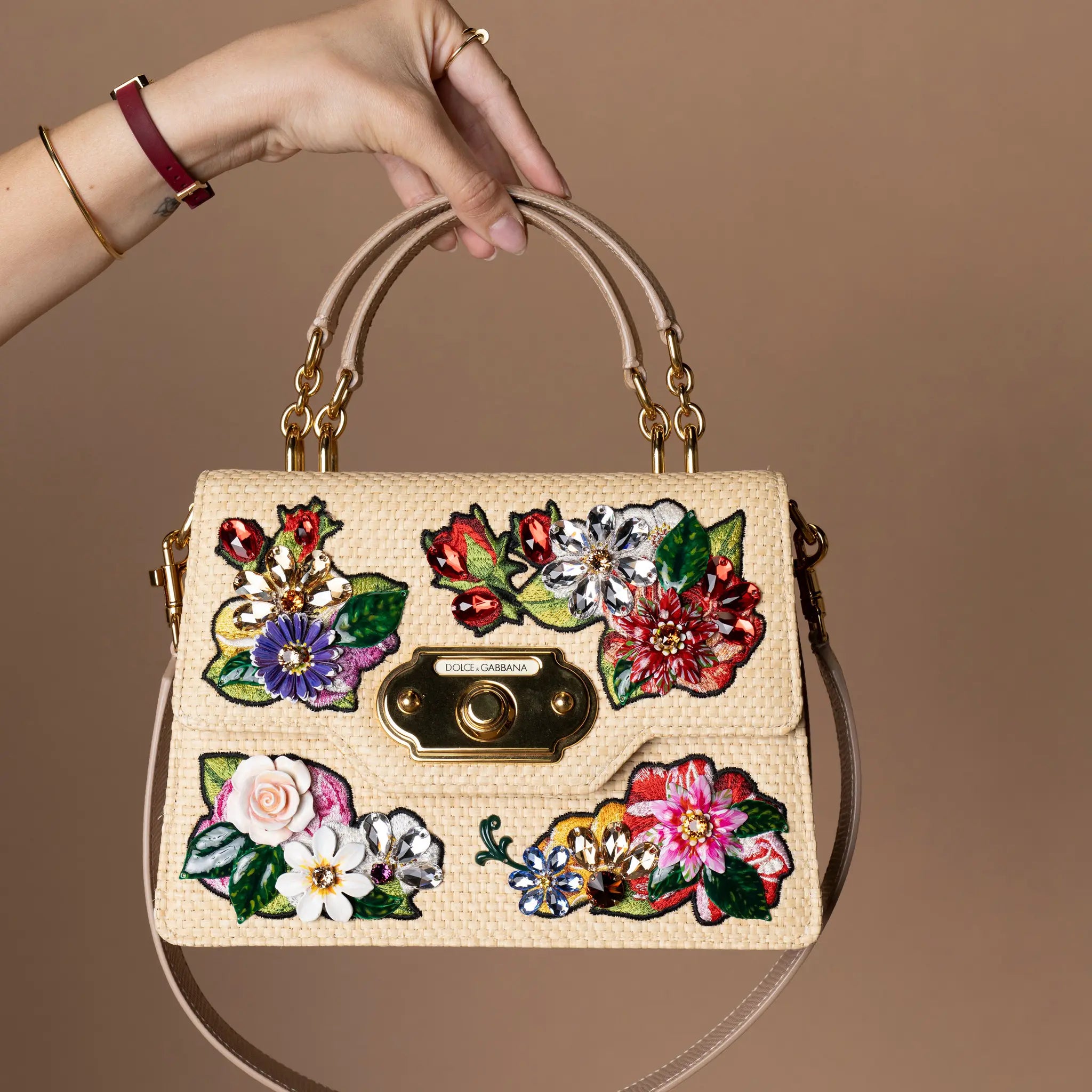 Dolce & Gabbana Floral Embroidered and Crystal Embellished Raffia Welcome Top Handle Bag — Featured Image