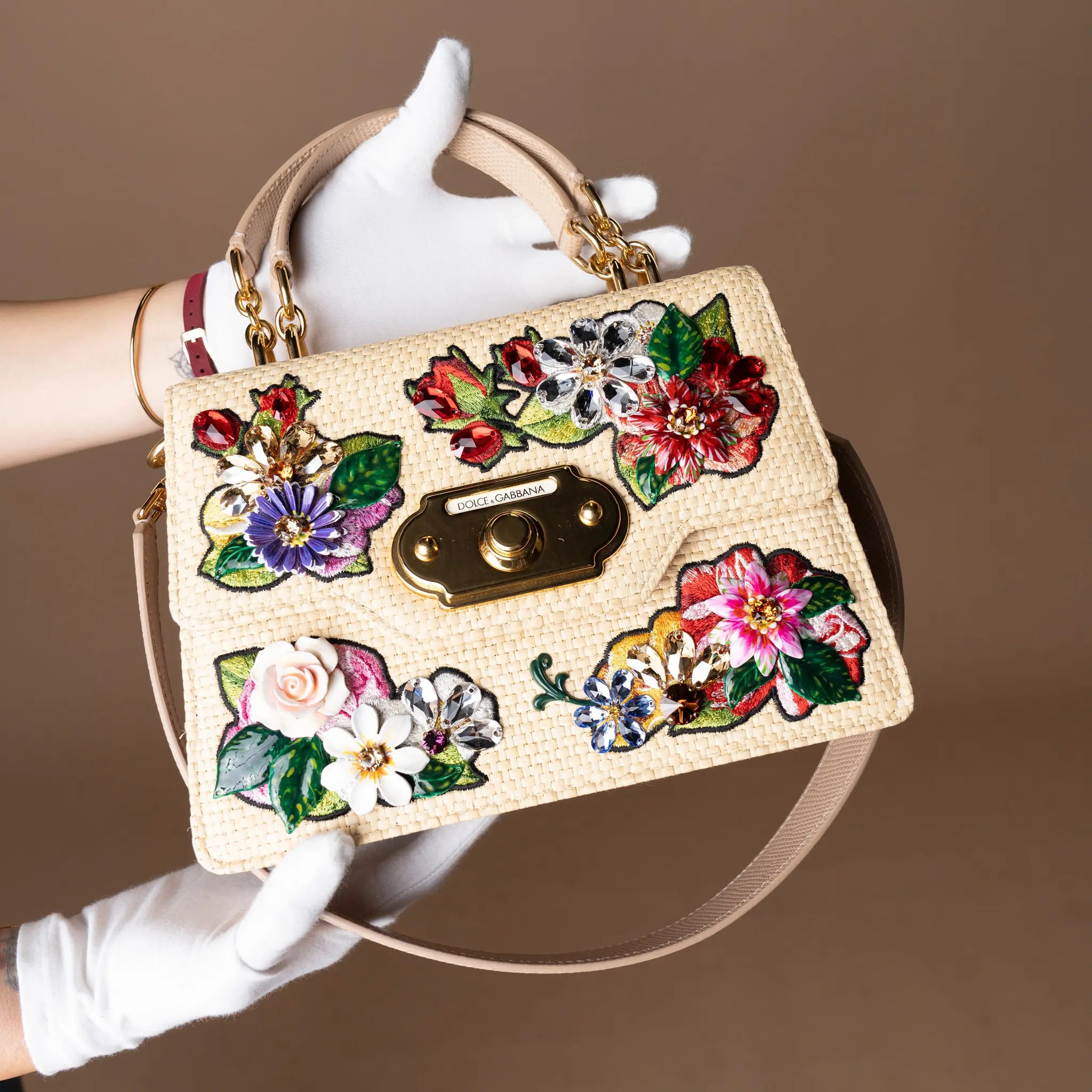 Dolce & Gabbana Floral Embroidered and Crystal Embellished Raffia Welcome Top Handle Bag — Side Profile