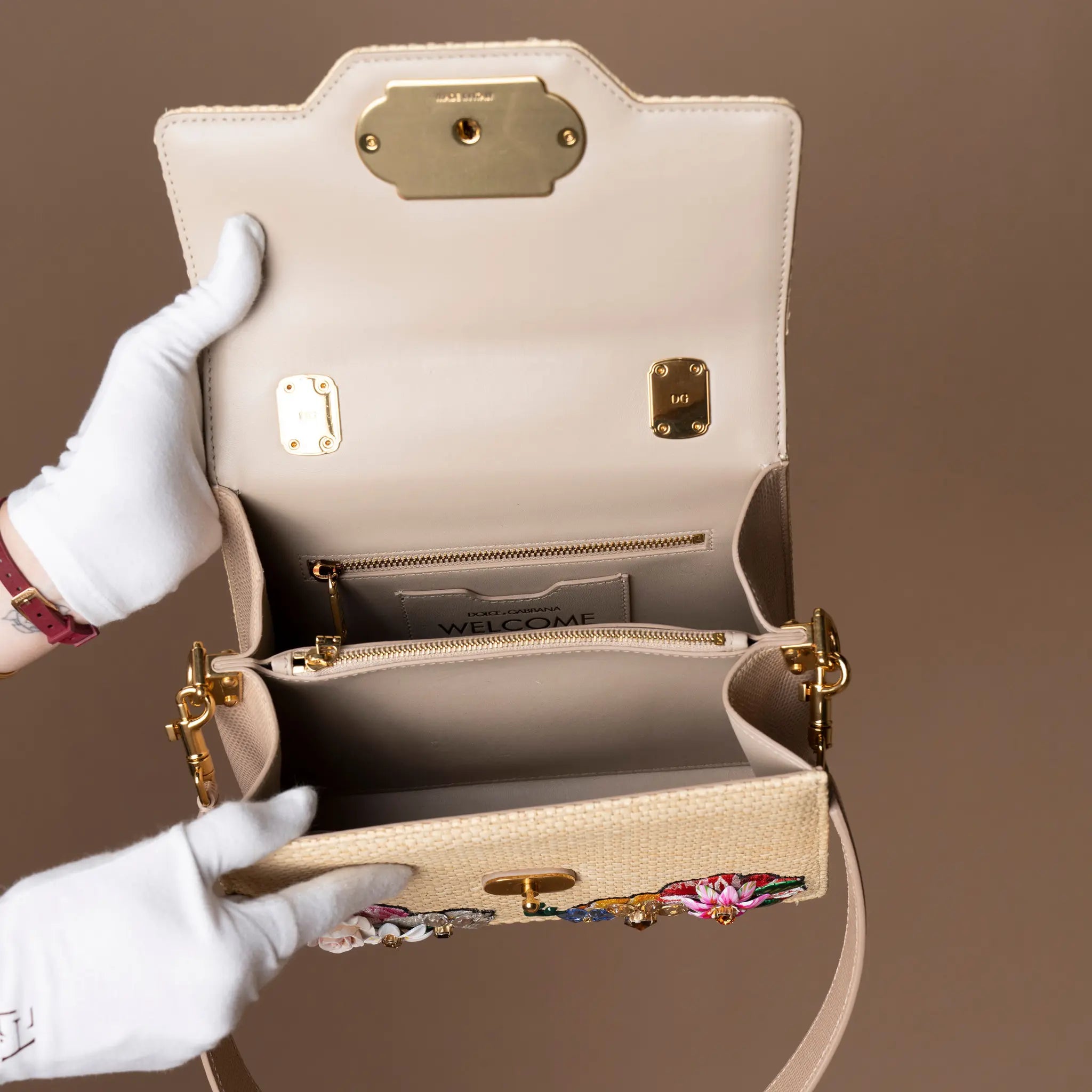 Dolce & Gabbana Floral Embroidered and Crystal Embellished Raffia Welcome Top Handle Bag — Interior Detail
