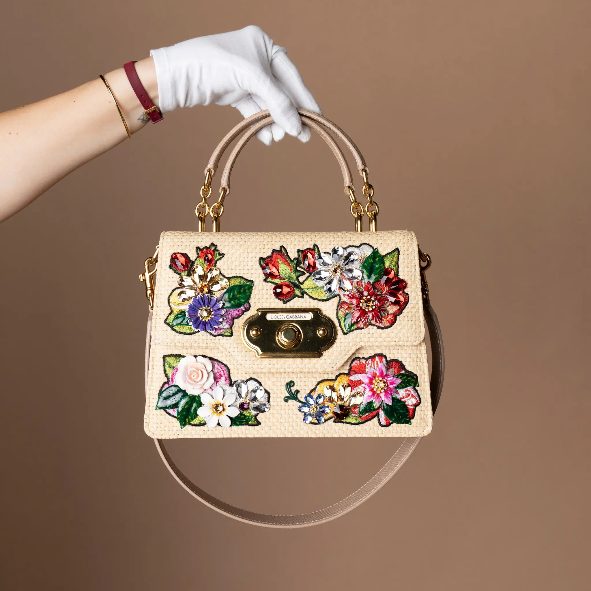 Dolce & Gabbana Floral Embroidered and Crystal Embellished Raffia Welcome Top Handle Bag — Close-up Detail