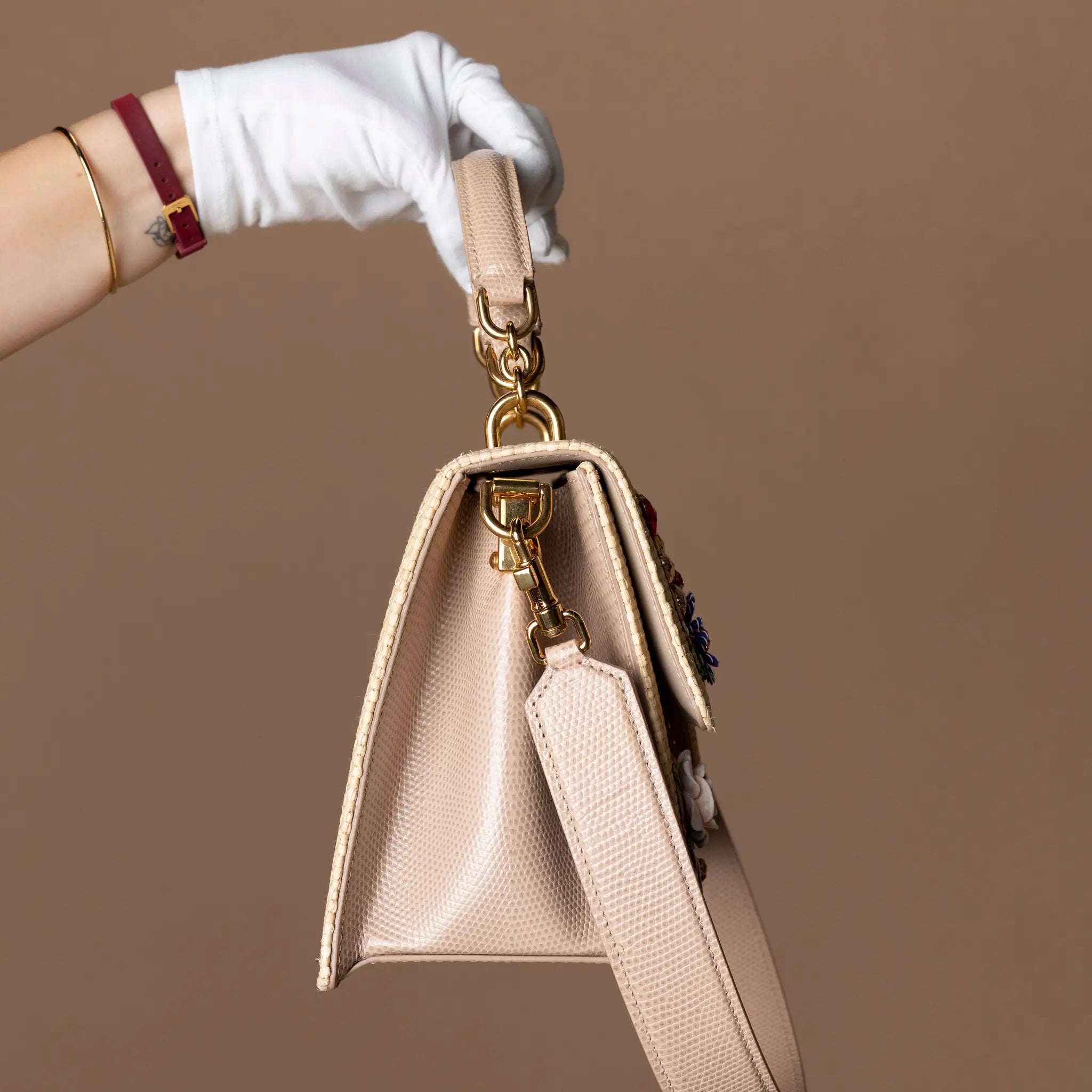 Dolce & Gabbana Floral Embroidered and Crystal Embellished Raffia Welcome Top Handle Bag — Detail View