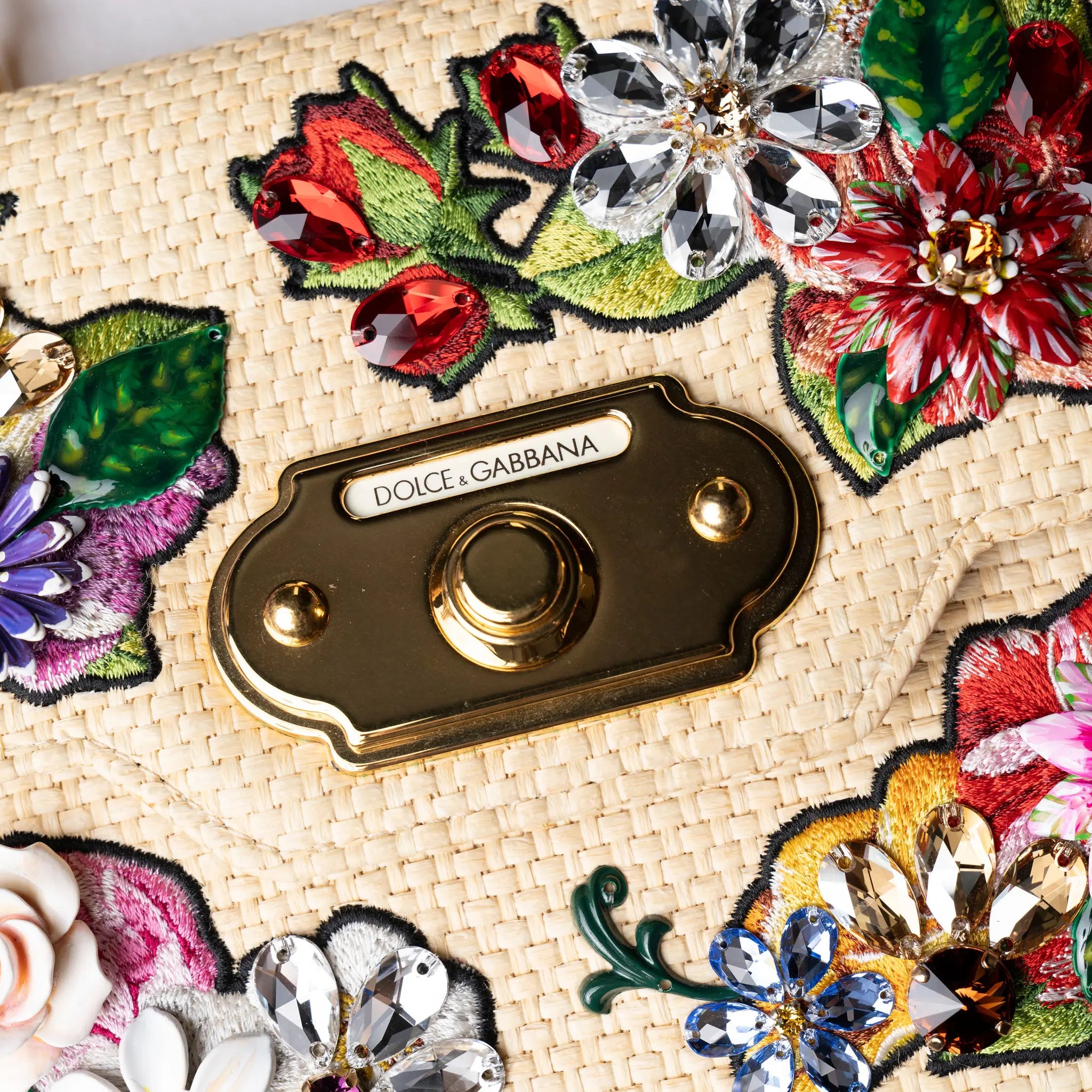Dolce & Gabbana Floral Embroidered and Crystal Embellished Raffia Welcome Top Handle Bag — Detail View