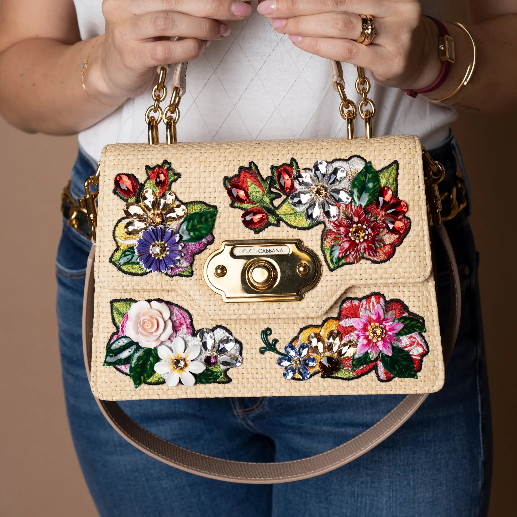 Dolce & Gabbana Floral Embroidered and Crystal Embellished Raffia Welcome Top Handle Bag — Detail View