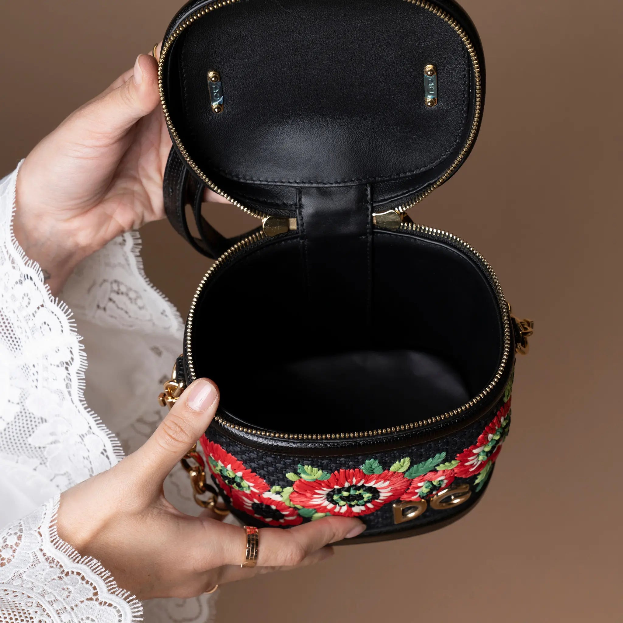 Dolce & Gabbana Floral Embroidered Raffia and Lizard Embossed Calfskin DG Girls Vanity Bag — Front View