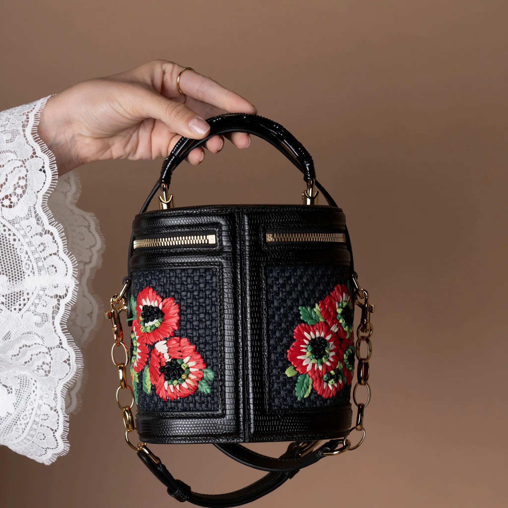 Dolce & Gabbana Floral Embroidered Raffia and Lizard Embossed Calfskin DG Girls Vanity Bag — Back View