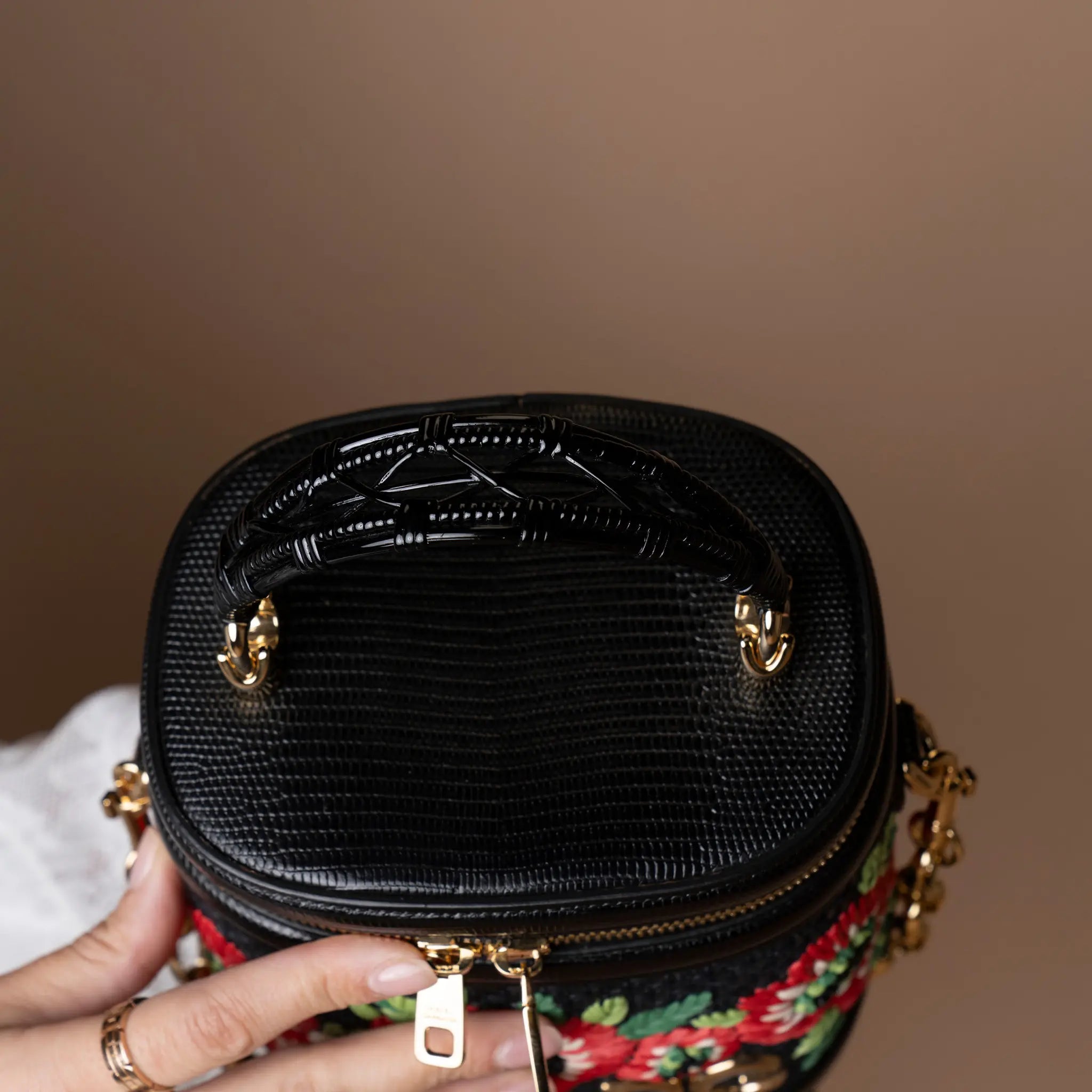 Dolce & Gabbana Floral Embroidered Raffia and Lizard Embossed Calfskin DG Girls Vanity Bag — Side Profile