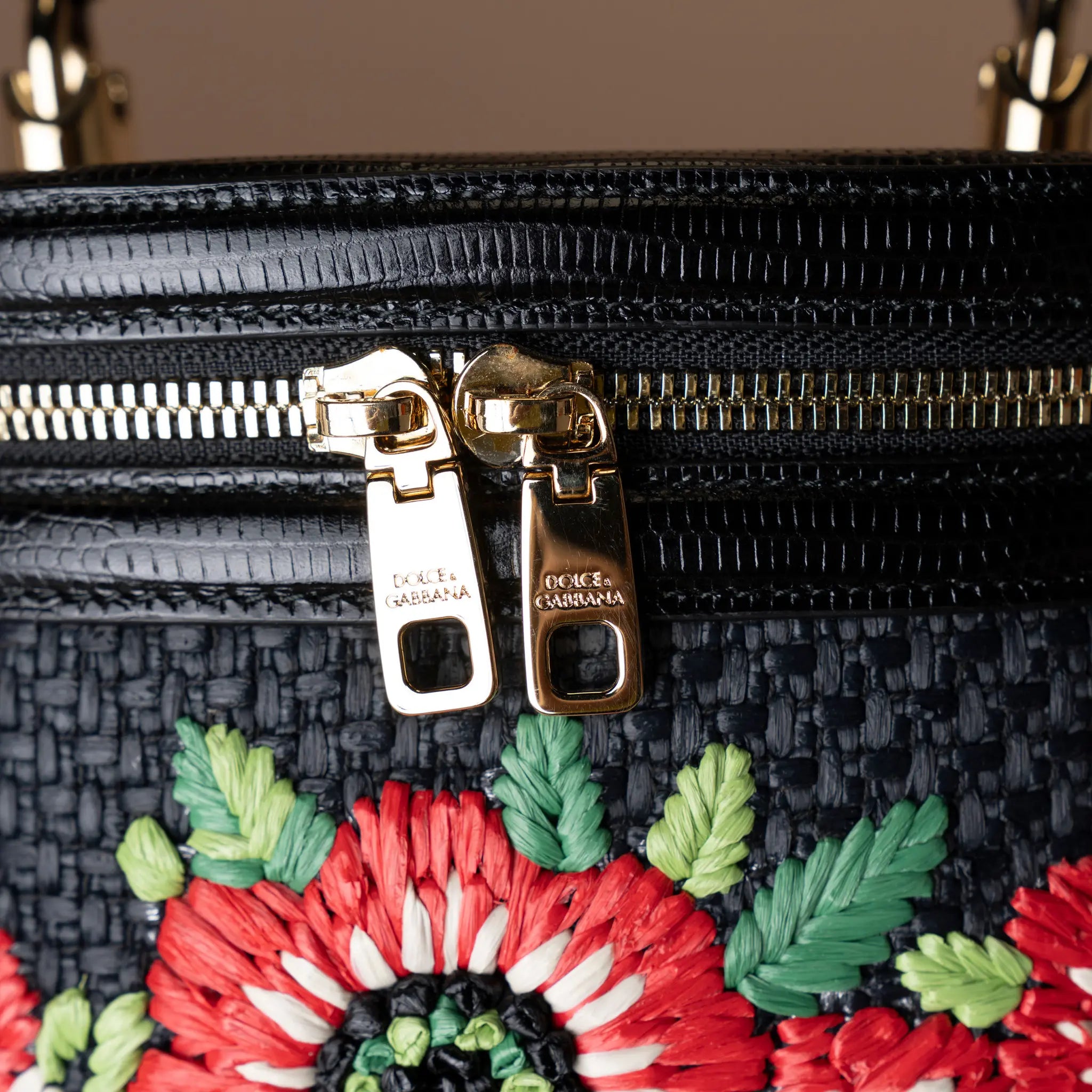 Dolce & Gabbana Floral Embroidered Raffia and Lizard Embossed Calfskin DG Girls Vanity Bag — Interior Detail