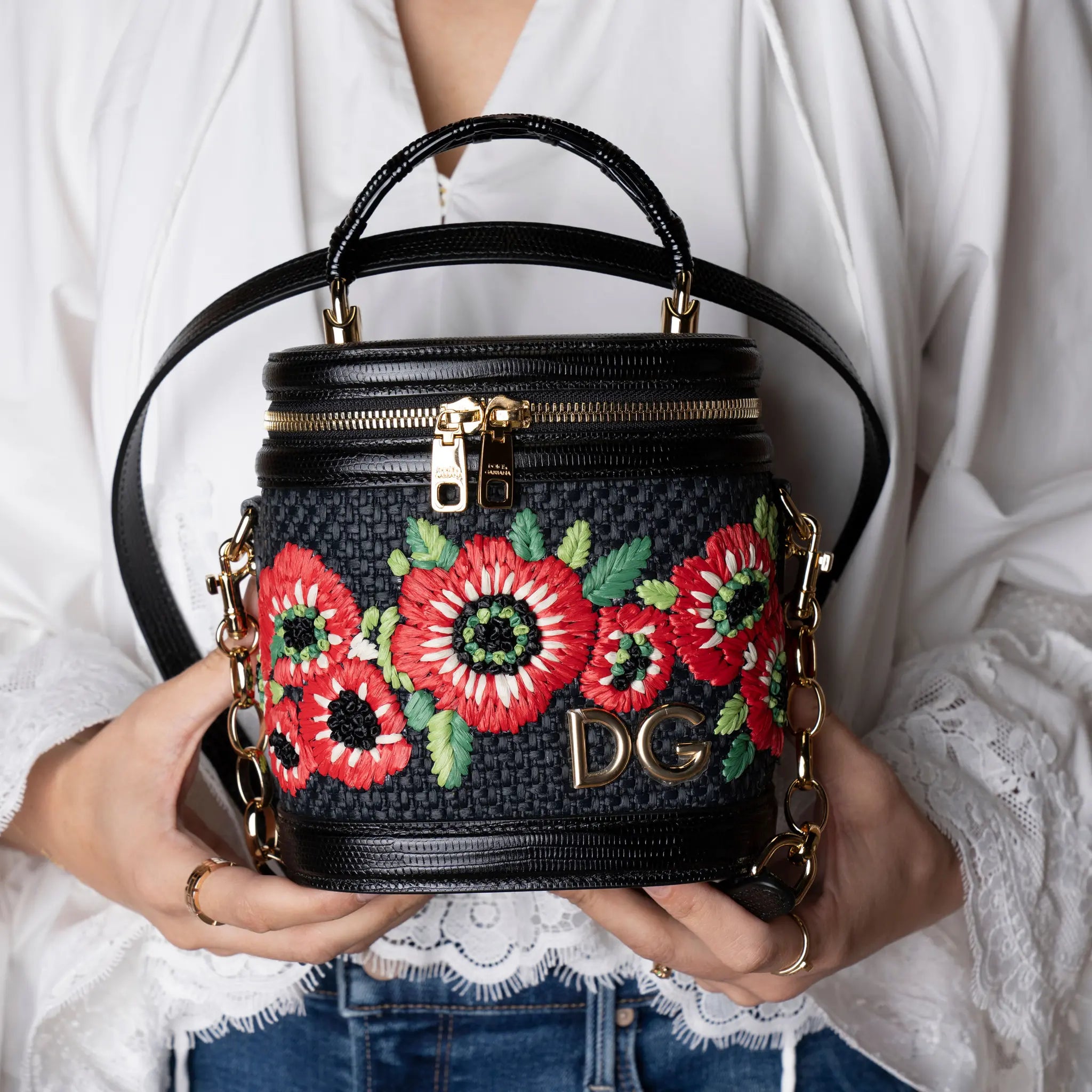 Dolce & Gabbana Floral Embroidered Raffia and Lizard Embossed Calfskin DG Girls Vanity Bag — Close-up Detail