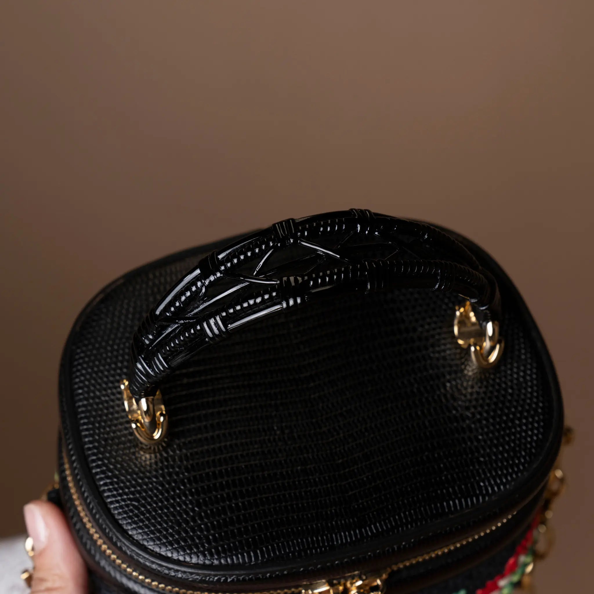 Dolce & Gabbana Floral Embroidered Raffia and Lizard Embossed Calfskin DG Girls Vanity Bag — Detail View