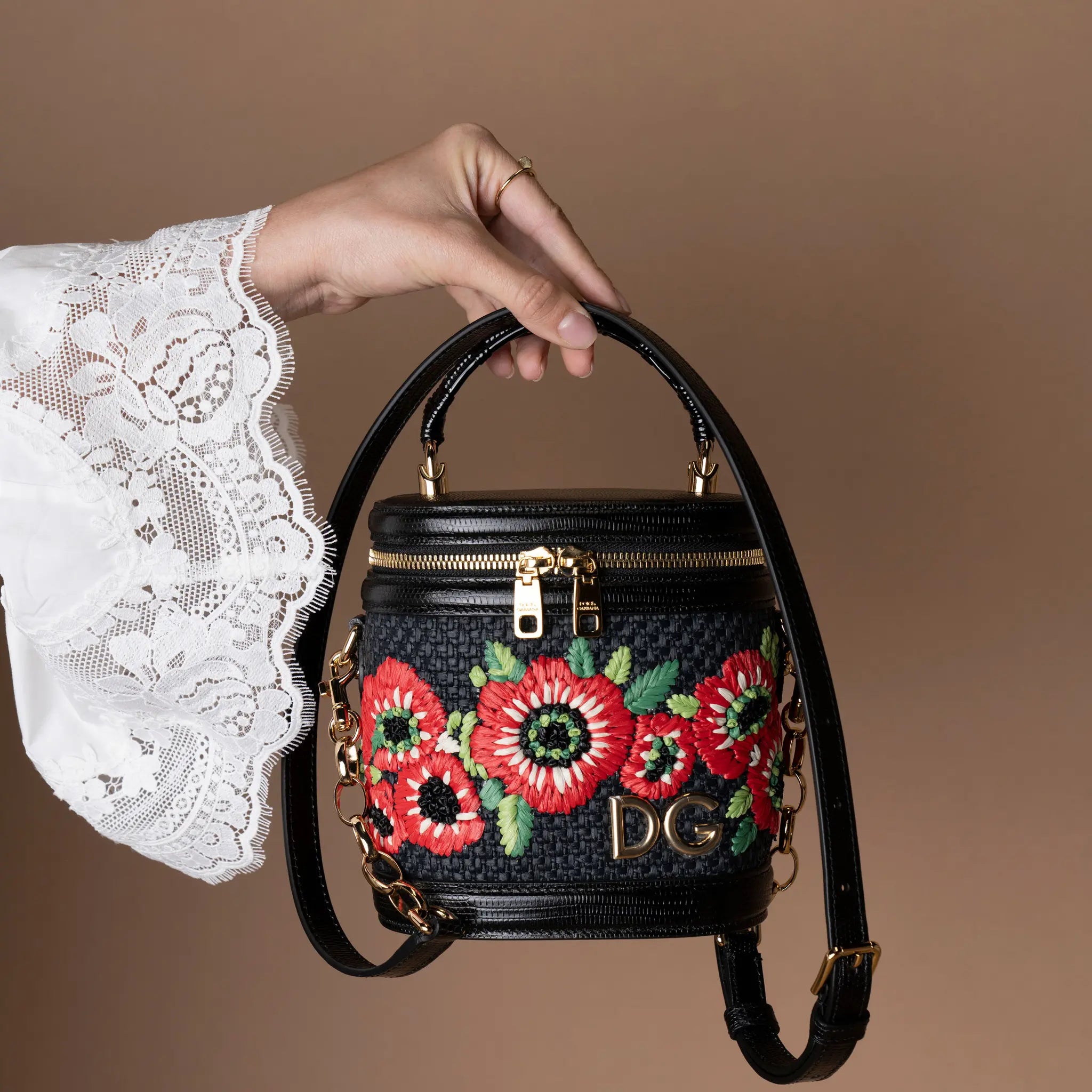 Dolce & Gabbana Floral Embroidered Raffia and Lizard Embossed Calfskin DG Girls Vanity Bag — Detail View
