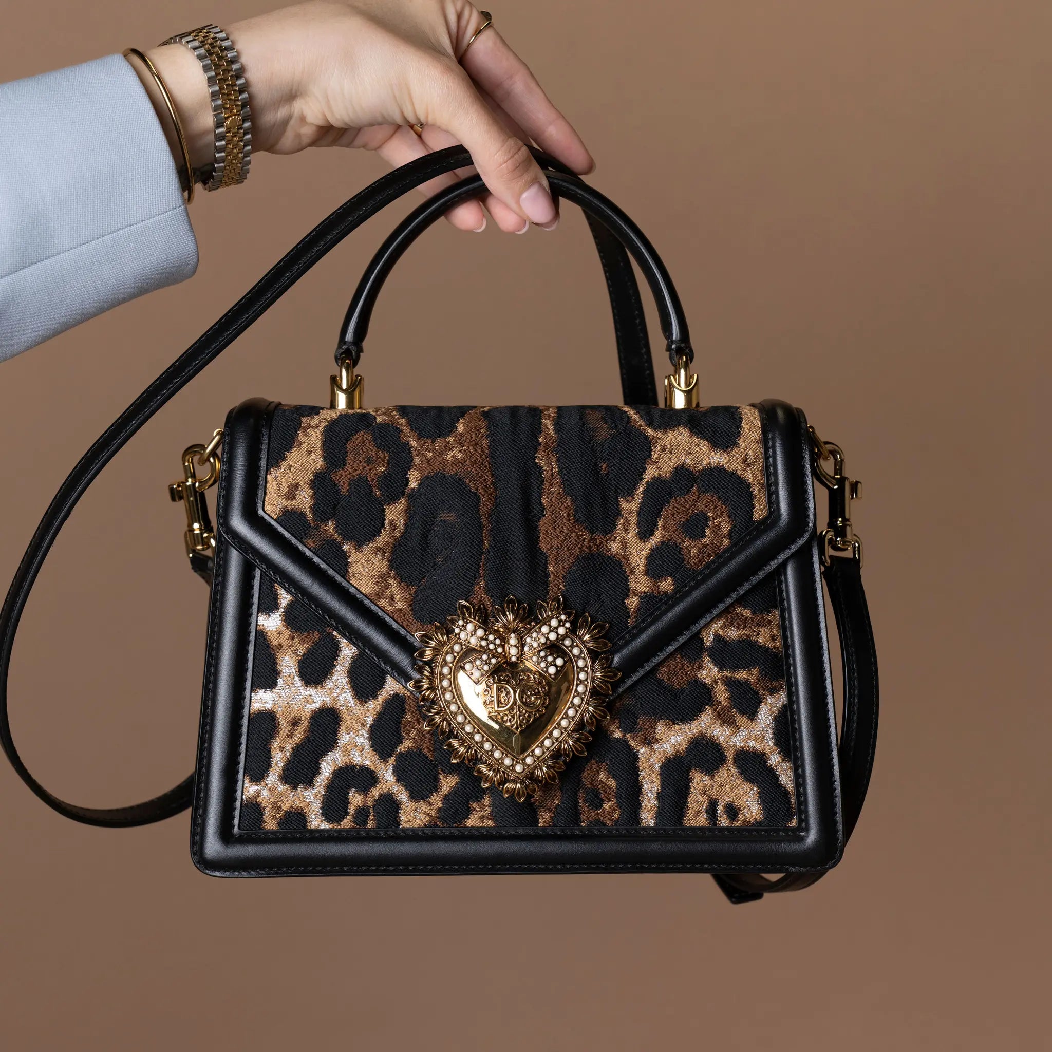 Dolce & Gabbana Medium Canvas Leopard Print Devotion Satchel — Front View