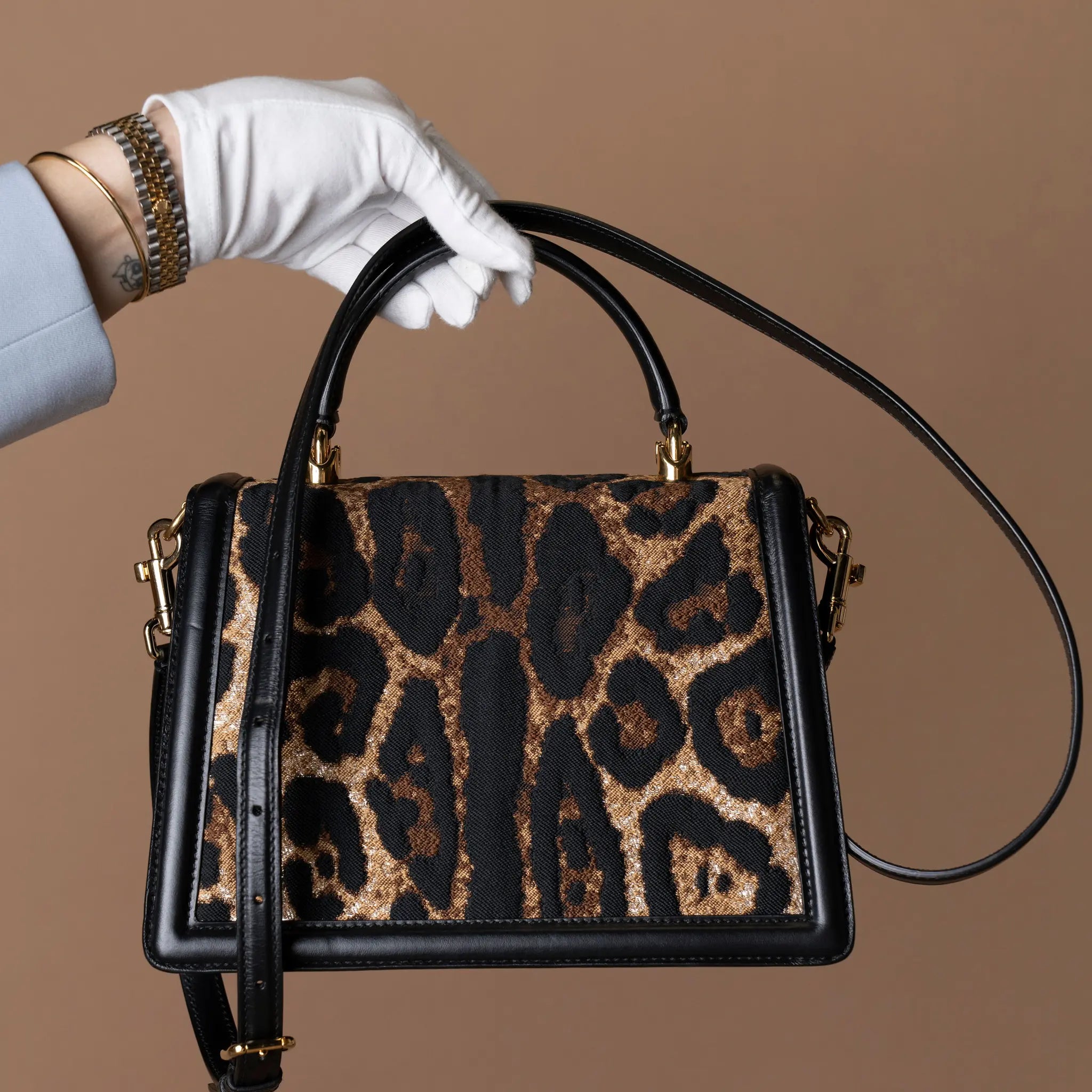 Dolce & Gabbana Medium Canvas Leopard Print Devotion Satchel — Interior Detail