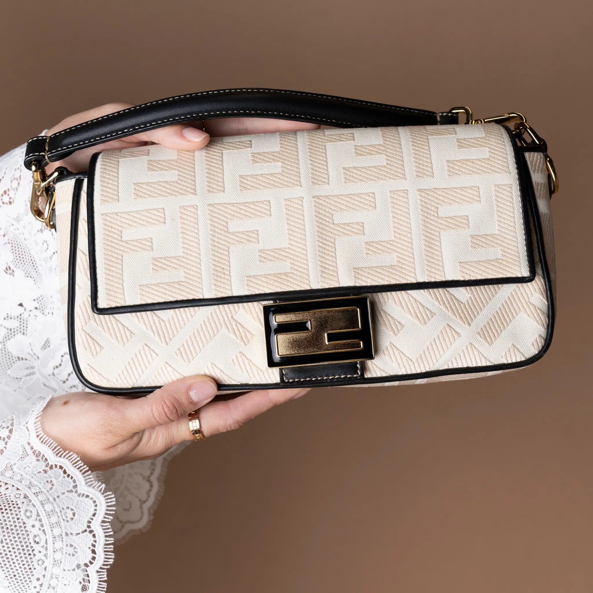 Fendi Zucca Embroidered Canvas Baguette Satchel — Featured Image