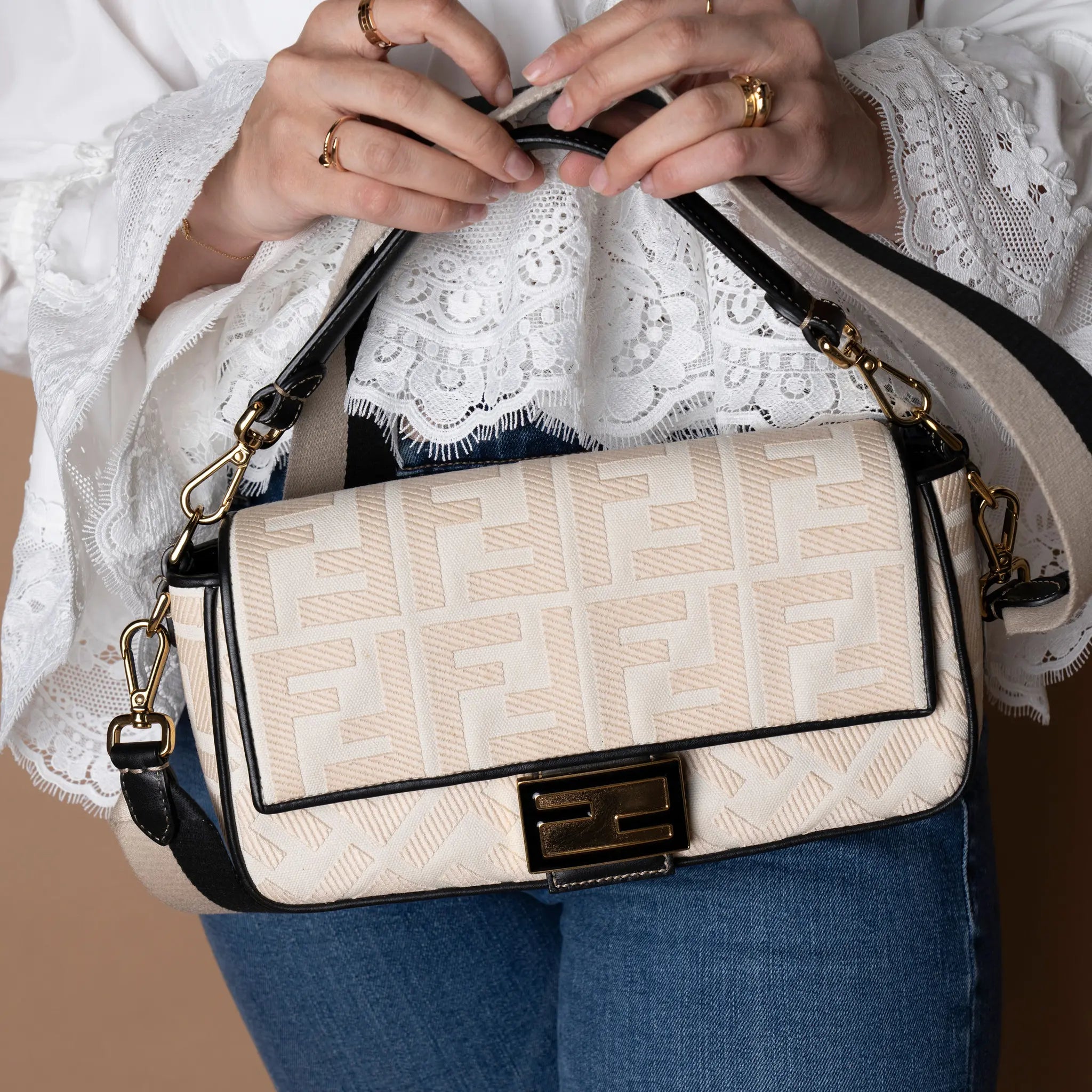 Fendi Zucca Embroidered Canvas Baguette Satchel — Back View