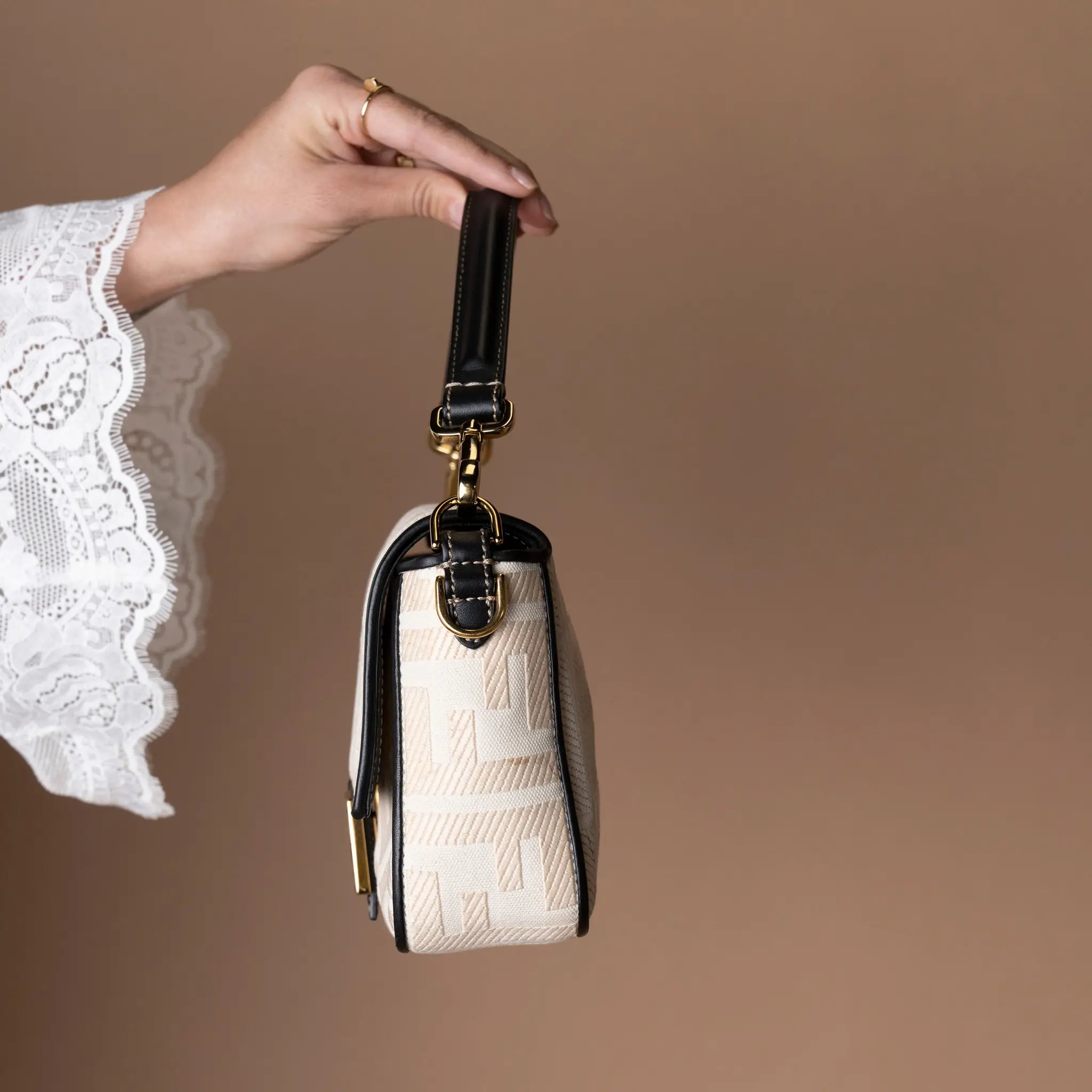 Fendi Zucca Embroidered Canvas Baguette Satchel — Side Profile