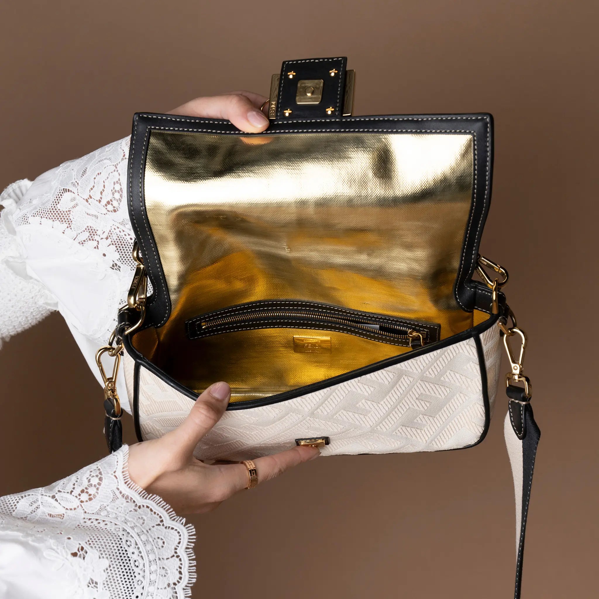 Fendi Zucca Embroidered Canvas Baguette Satchel — Interior Detail