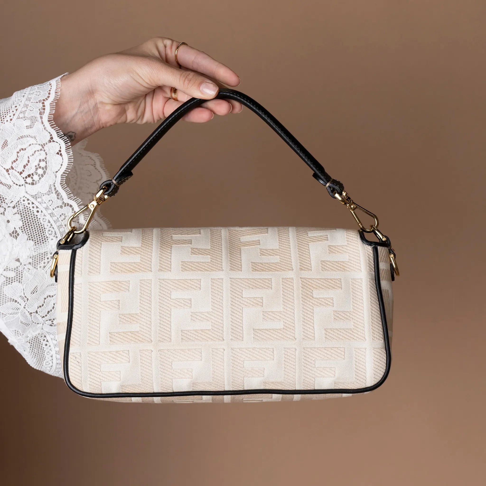Fendi Zucca Embroidered Canvas Baguette Satchel — Close-up Detail