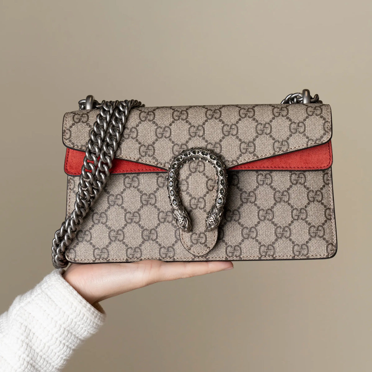 Gucci Dionysus GG Supreme Canvas Suede Shoulder Bag — Close-up Detail