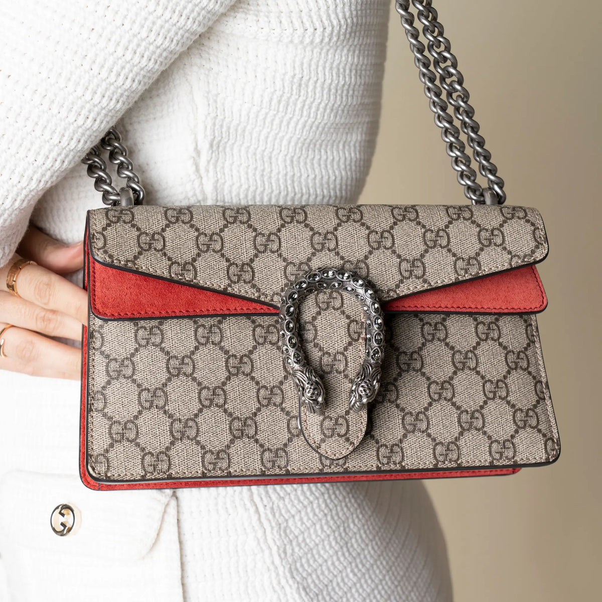 Gucci Dionysus GG Supreme Canvas Suede Shoulder Bag — Detail View
