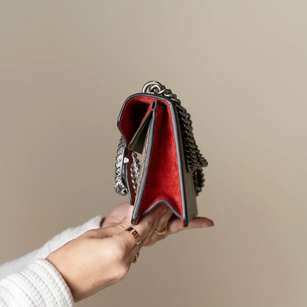 Gucci Dionysus GG Supreme Canvas Suede Shoulder Bag — Detail View