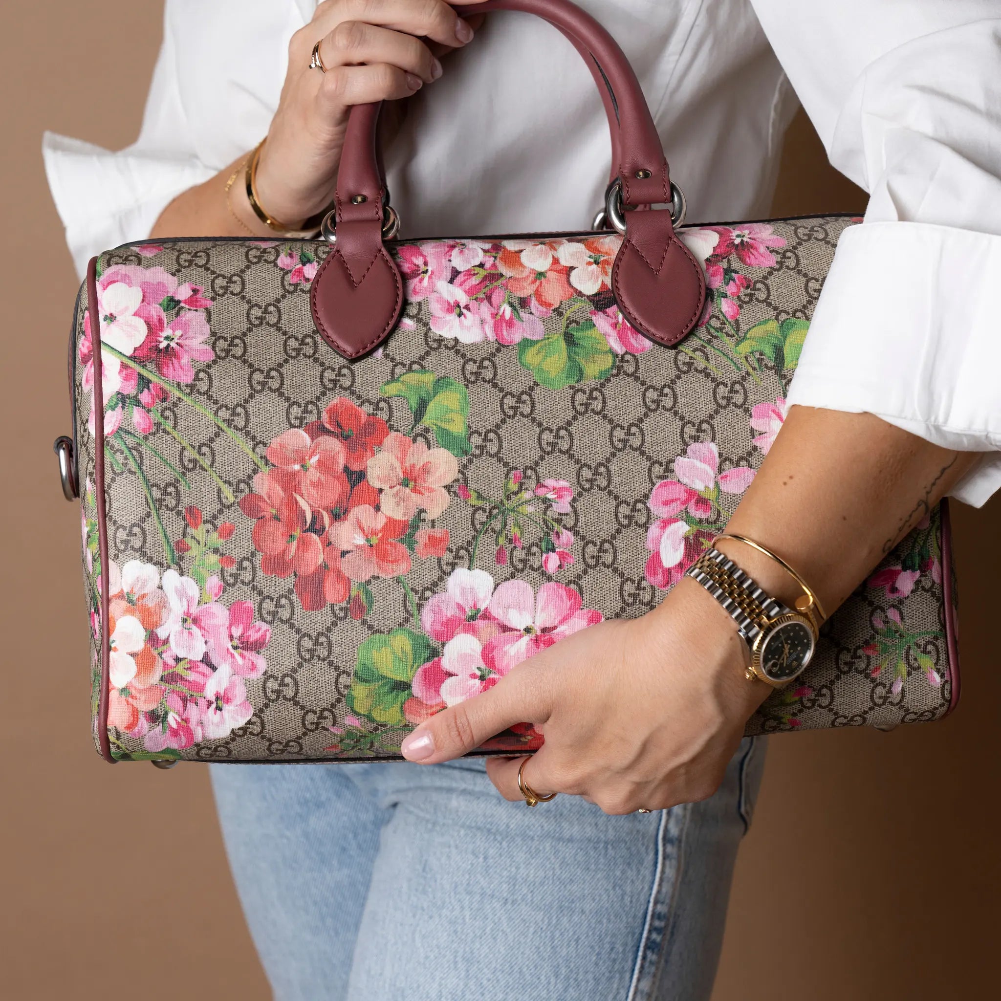 Gucci GG Blooms Supreme Large Boston Top Handle Bag — Interior Detail