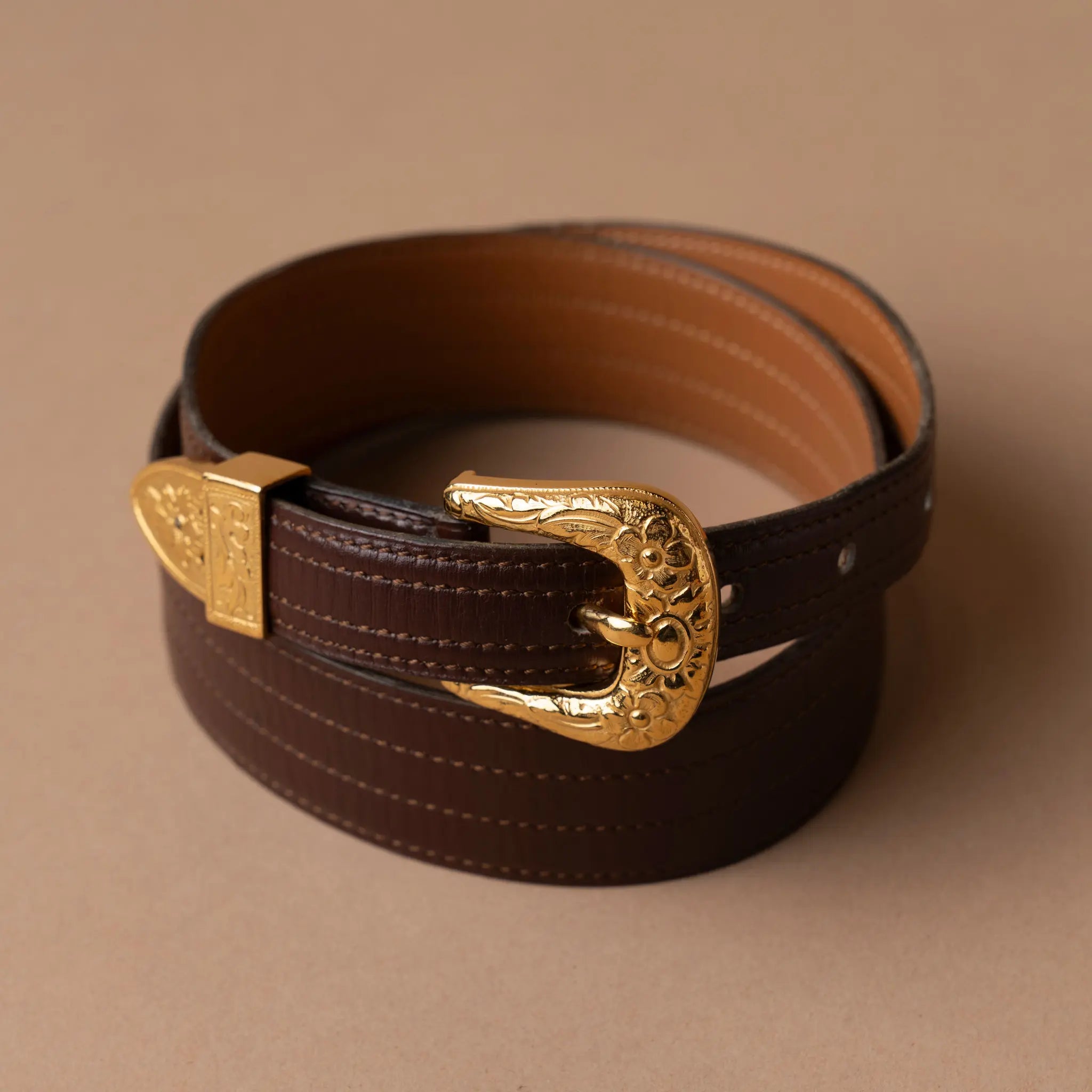 Hermès Leather Floral Tooled Buckle Belt — Front View