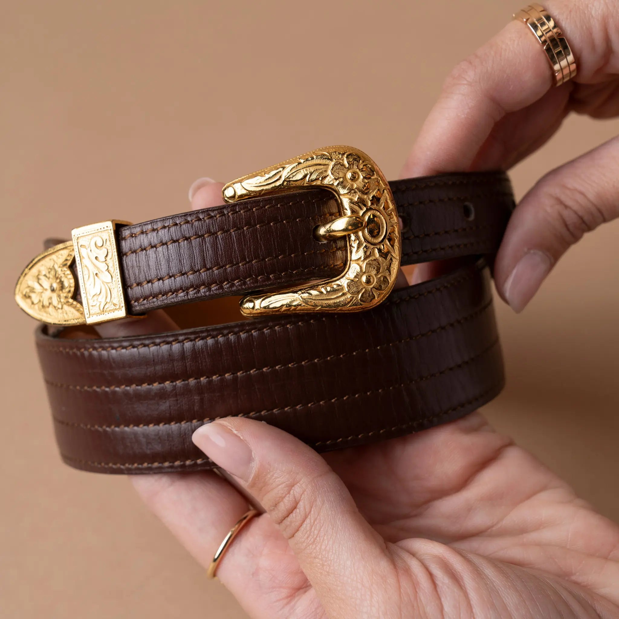 Hermès Leather Floral Tooled Buckle Belt — Side Profile