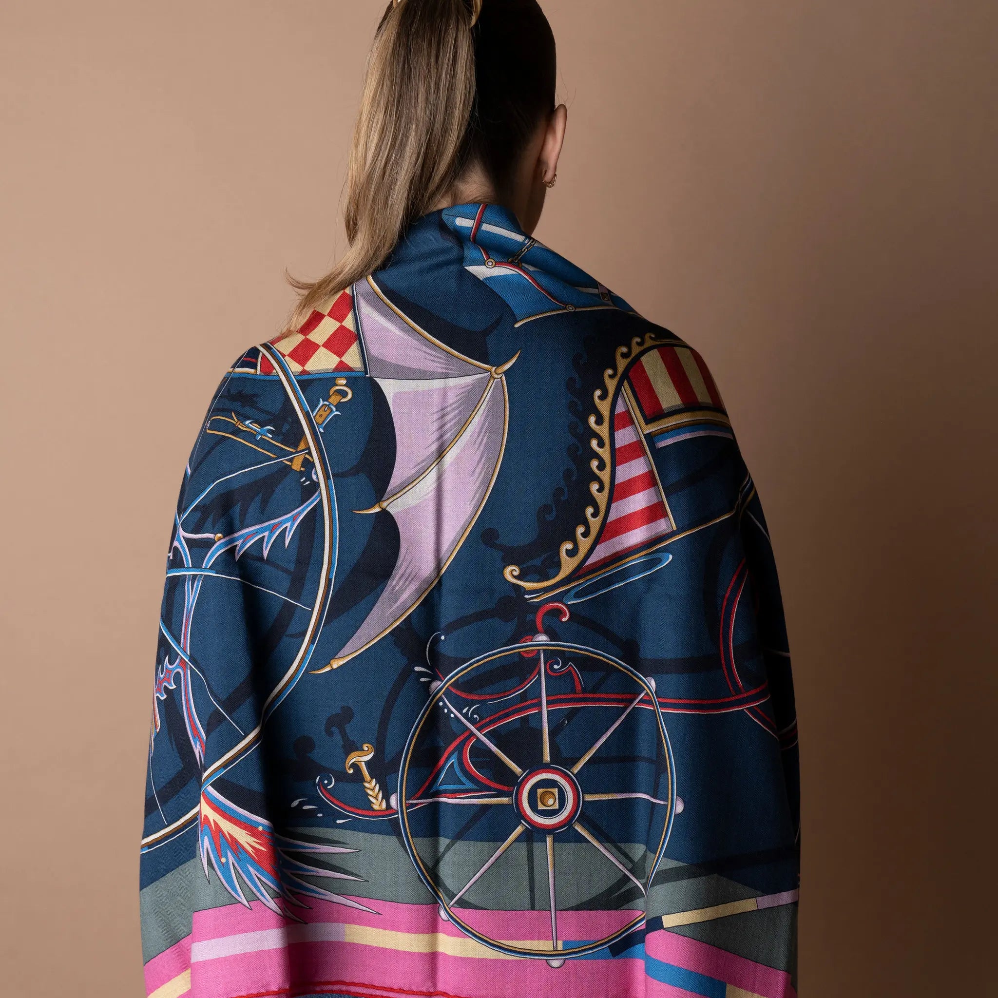 Hermès Voitures En Equilibre Cashmere Silk Shawl 140 — Side Profile