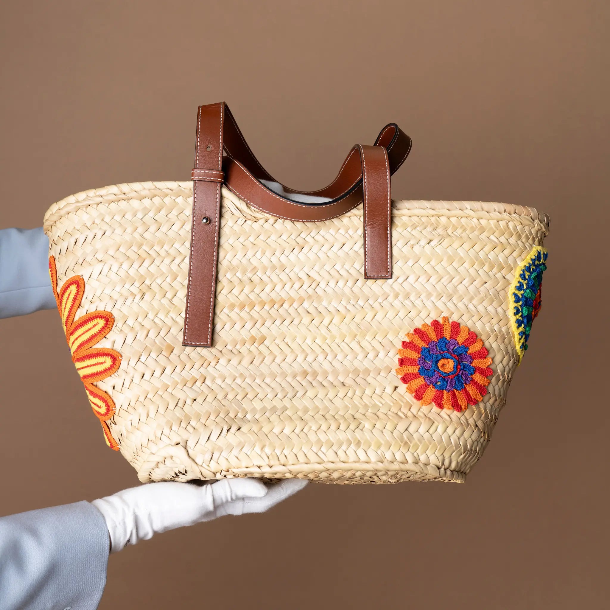 LOEWE Large Floral Embroidered Raffia Basket Tote — Front View