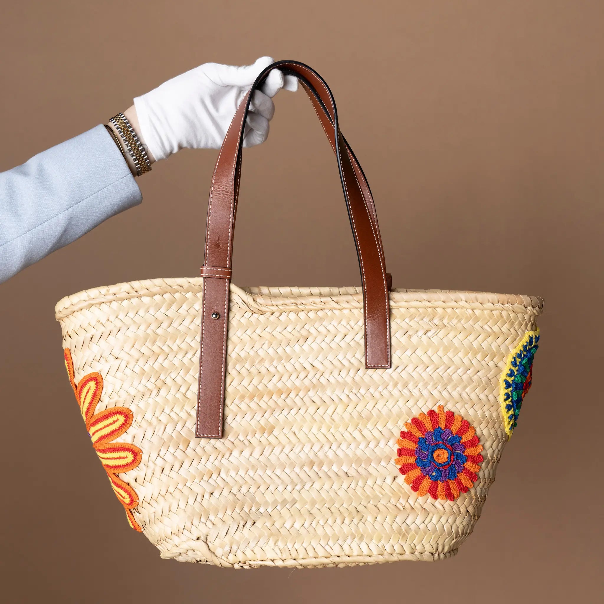 LOEWE Large Floral Embroidered Raffia Basket Tote — Back View